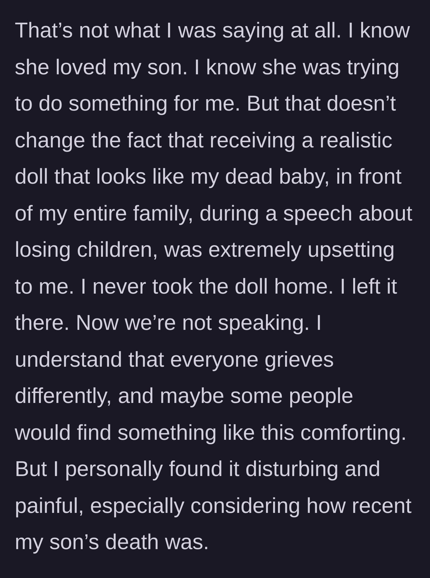 Story part 5 - The mother decides to leave the replica doll behind and ultimately cuts contact with her sister-in-law to protect her own emotional survival.