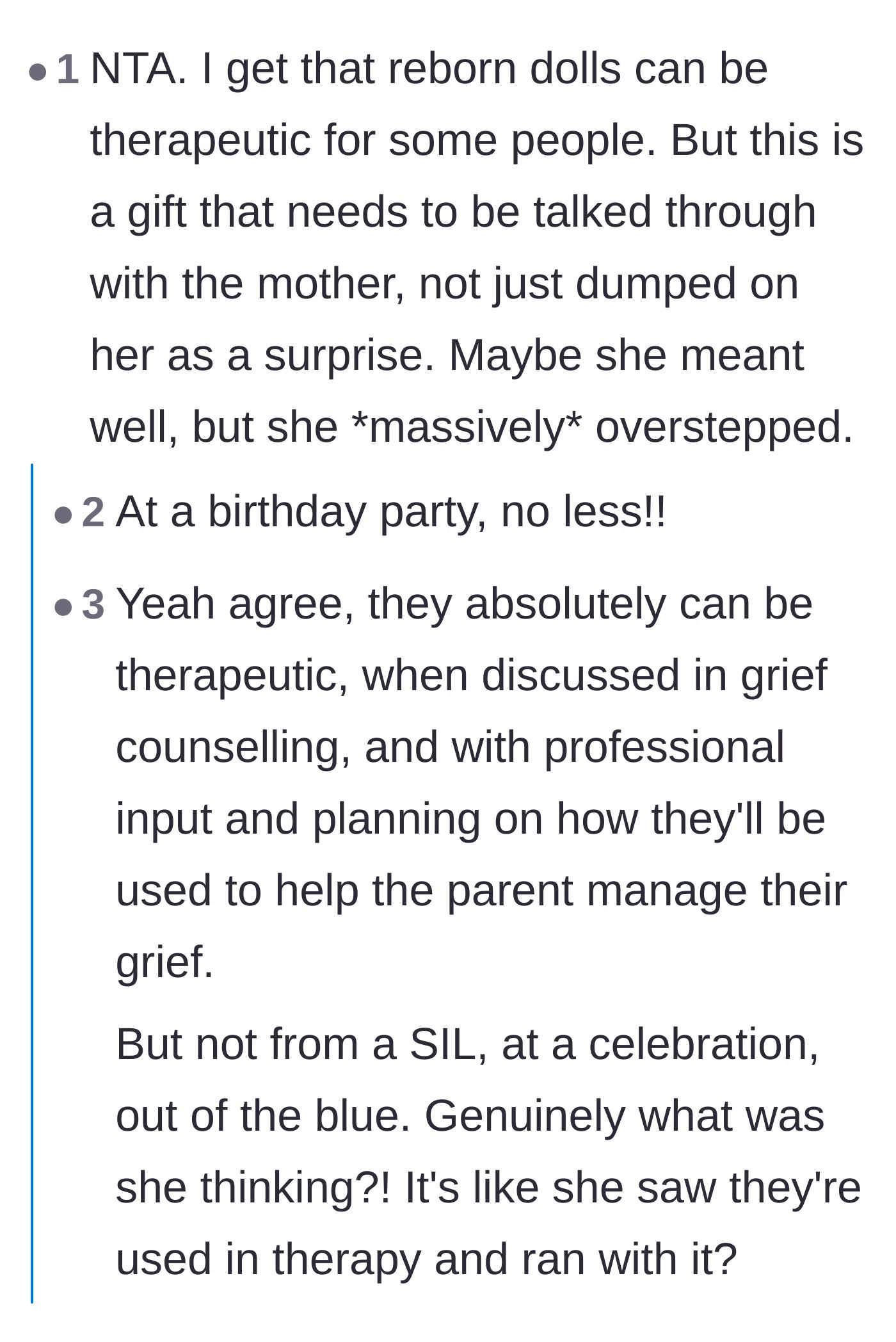 Comment thread 3 - Debate about how reborn dolls should only be introduced through professional grief counseling, not as surprise gifts.