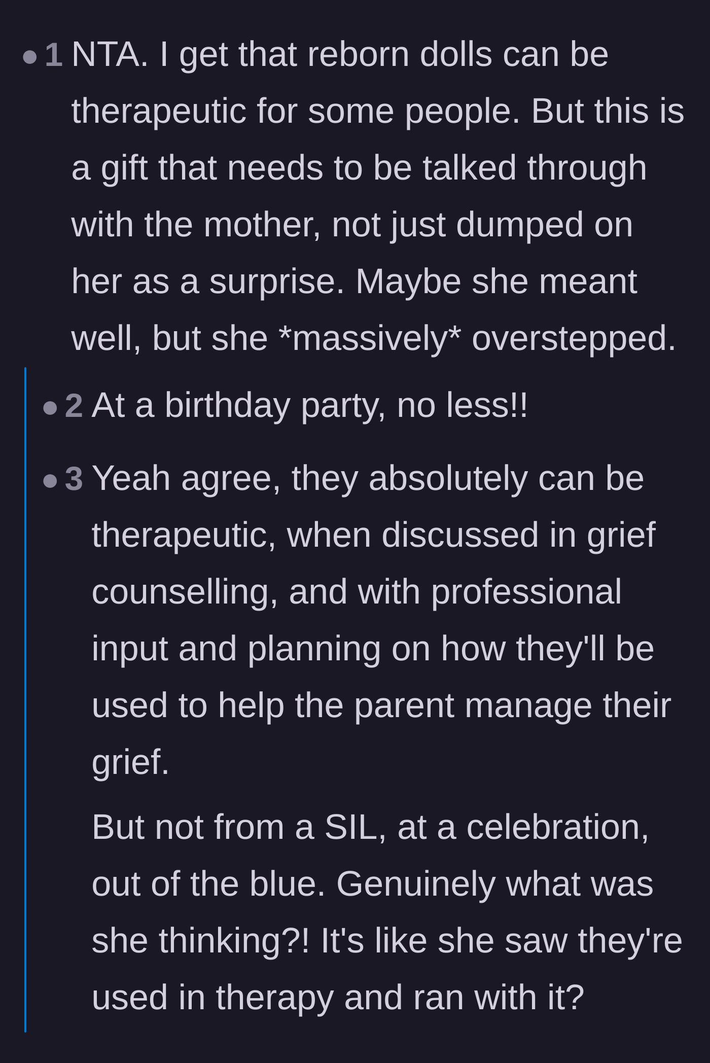 Comment thread 3 - Debate about how reborn dolls should only be introduced through professional grief counseling, not as surprise gifts.