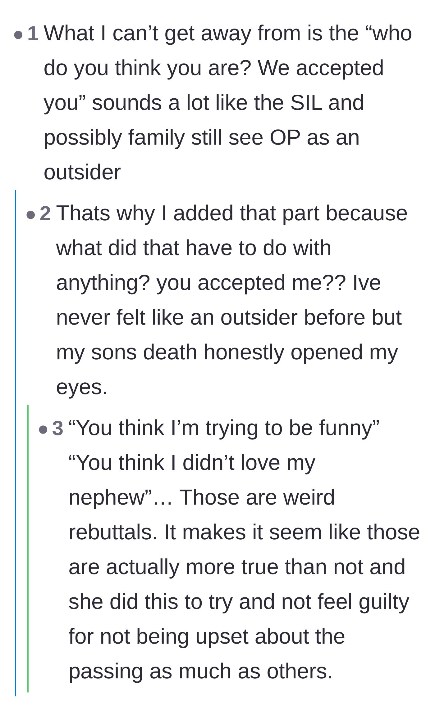 Comment thread 4 - Analysis of the sister-in-law's cruel remark about 'accepting' the grieving mother into the family.