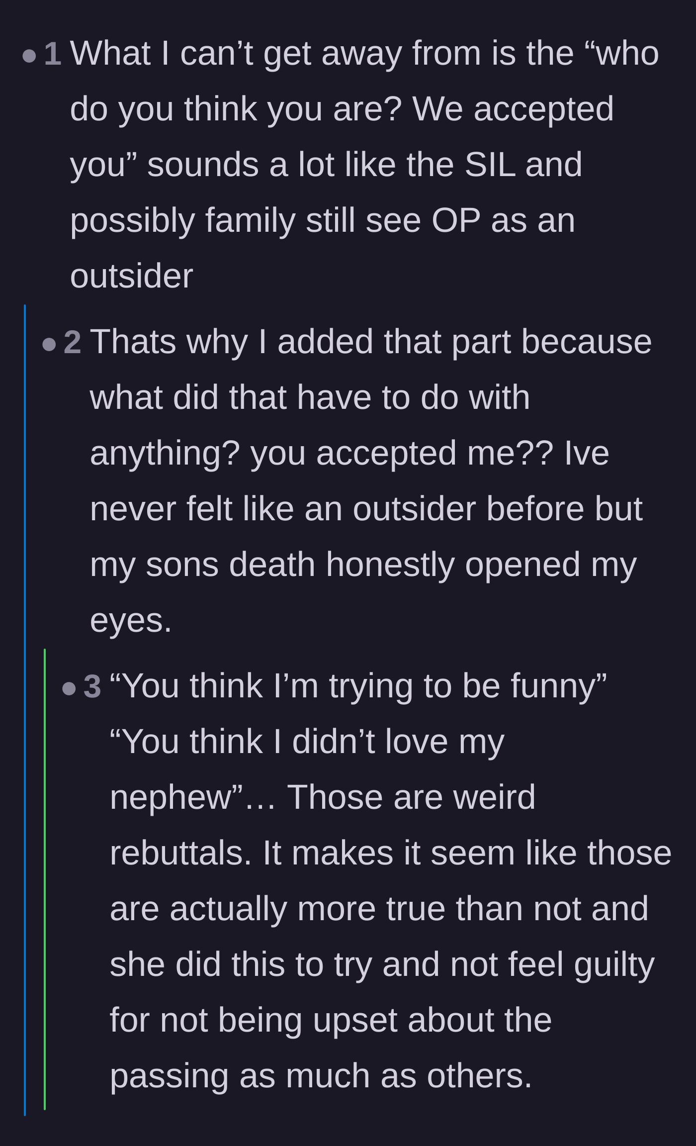 Comment thread 4 - Analysis of the sister-in-law's cruel remark about 'accepting' the grieving mother into the family.
