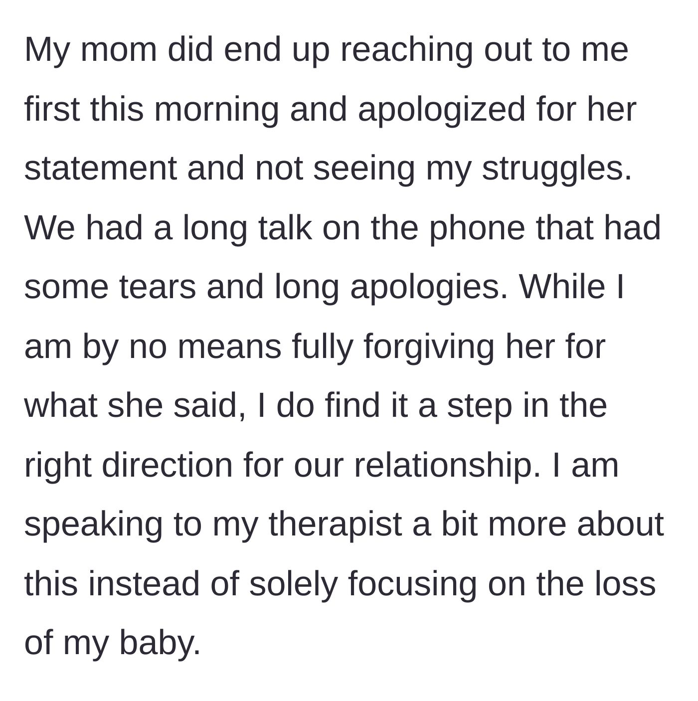Story part 2 - The author describes receiving an apology from her mother, leading to a tearful phone call and a tentative step toward mending their relationship.