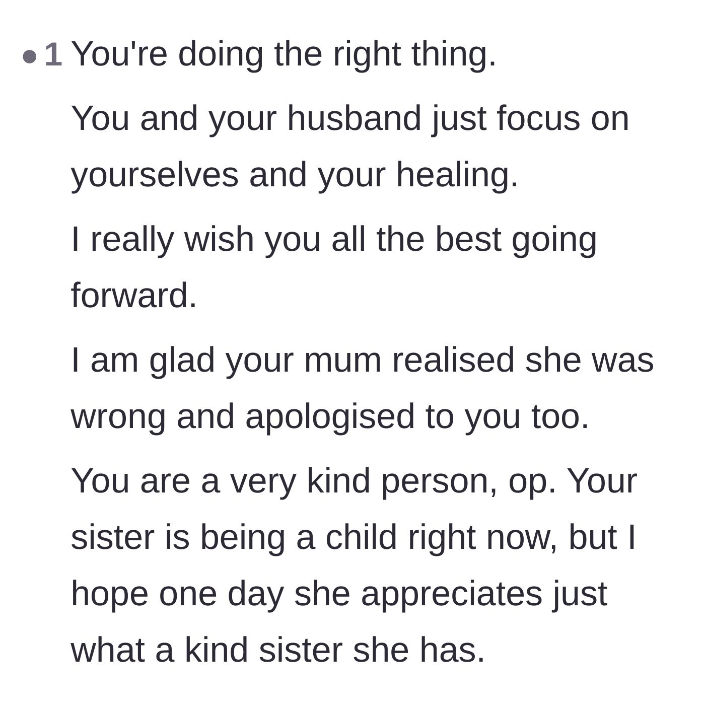 Comment thread 1 - Readers validating the author's decision to focus on healing and commending her fundamental kindness.