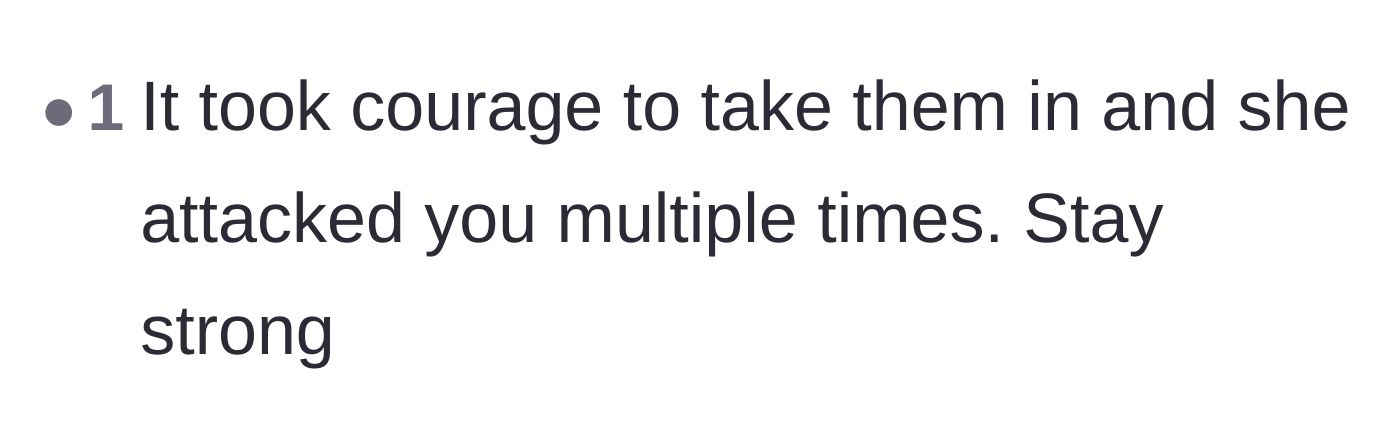 Comment thread 5 - A short message praising the author's courage for her initial generosity despite being repeatedly attacked.