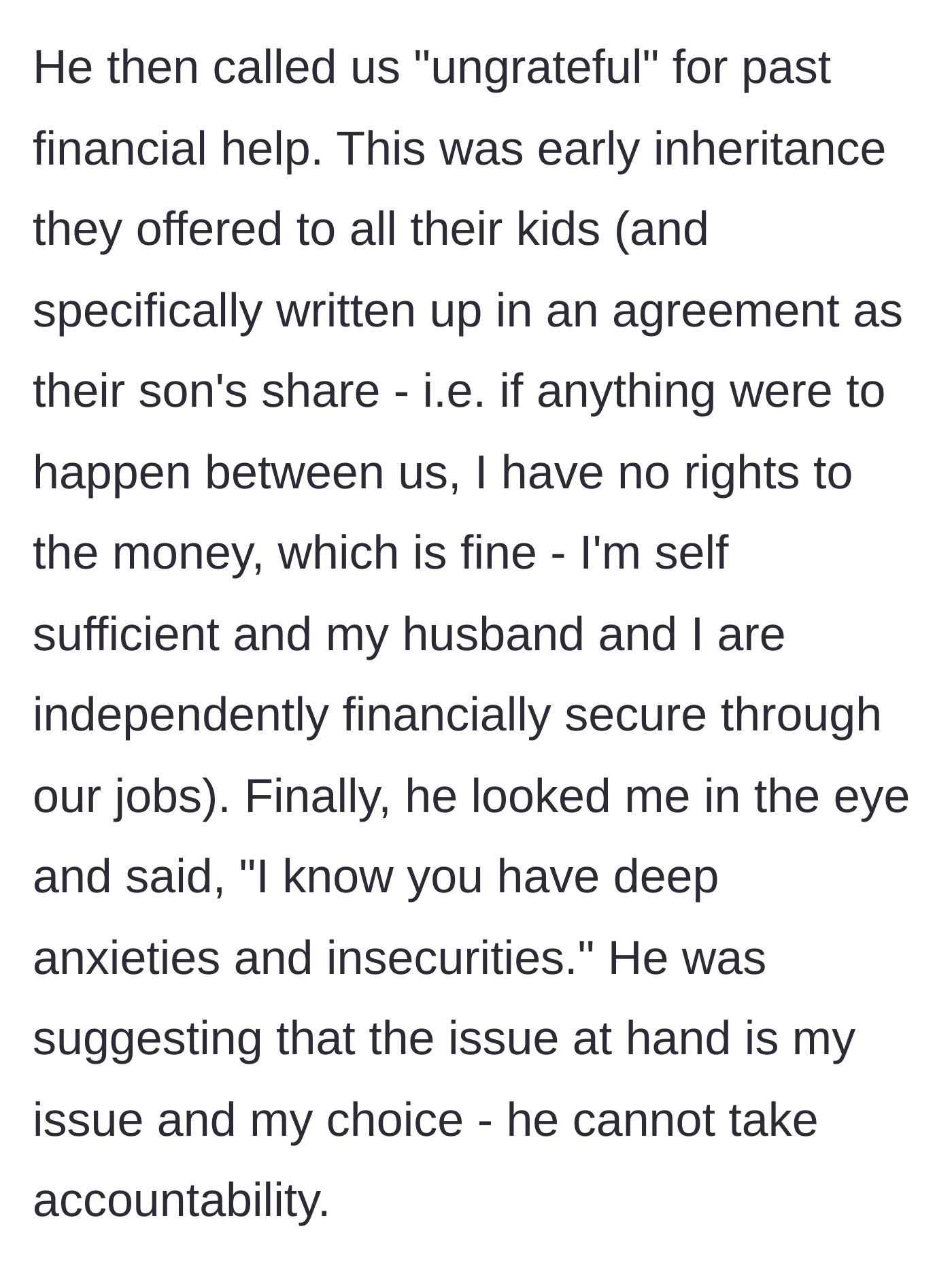 Story part 4 - Father-in-law brings up past financial agreements and accuses the main character of having deep anxieties and insecurities.