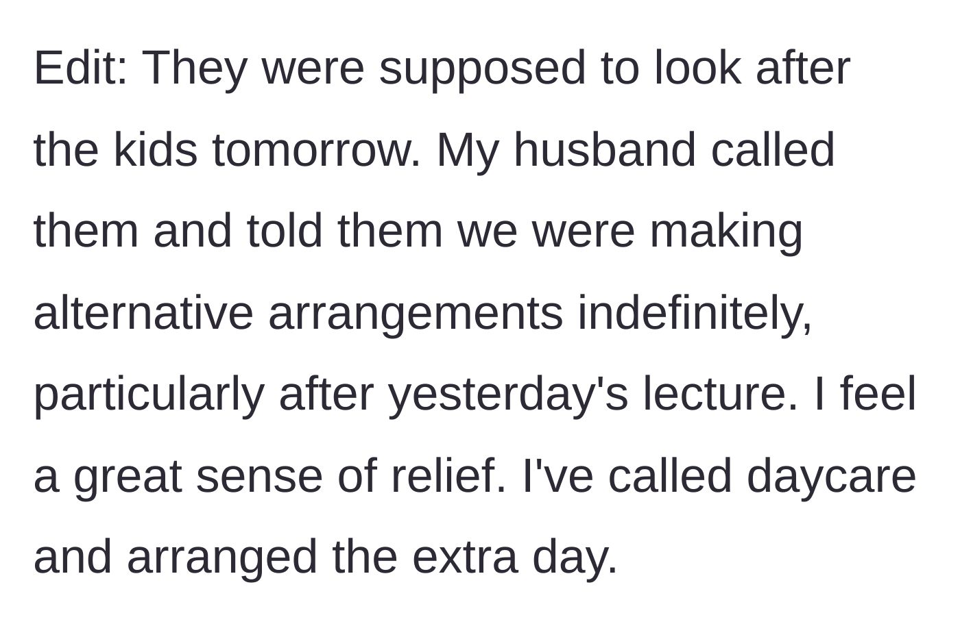 Story part 7 - The couple cancels the in-laws' daycare arrangement and permanently cuts contact, bringing the main character immense relief.