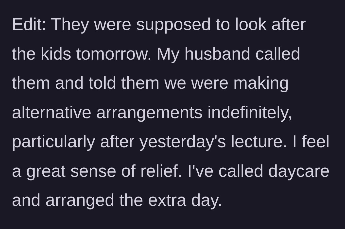 Story part 7 - The couple cancels the in-laws' daycare arrangement and permanently cuts contact, bringing the main character immense relief.