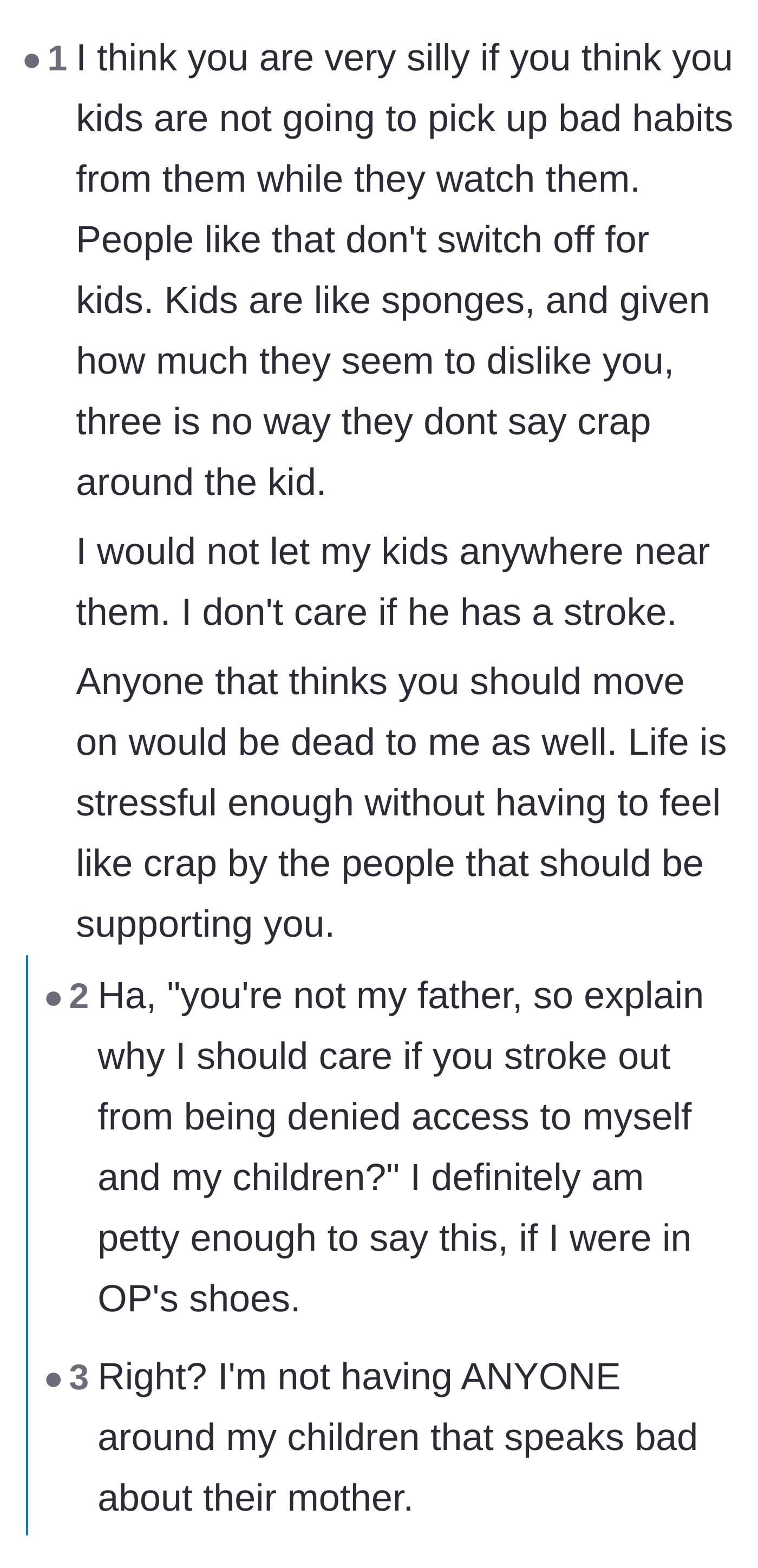 Comment thread 2 - Commenters discuss the danger of leaving kids with toxic people and call out the father-in-law's fake medical manipulation.