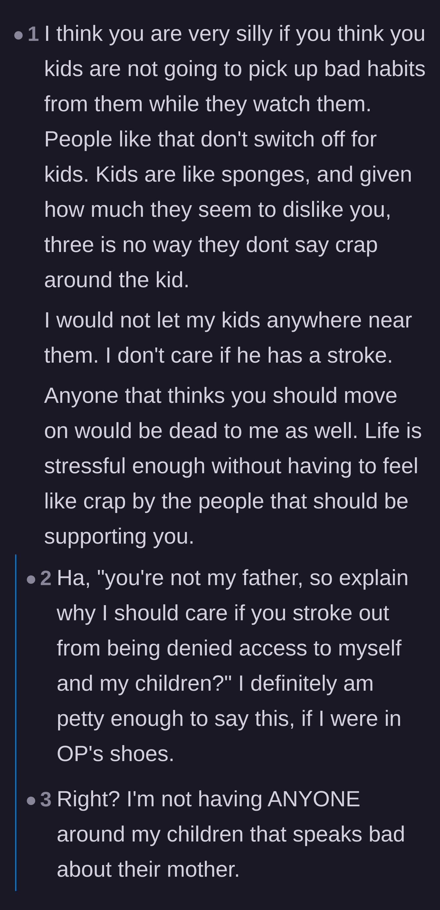 Comment thread 2 - Commenters discuss the danger of leaving kids with toxic people and call out the father-in-law's fake medical manipulation.