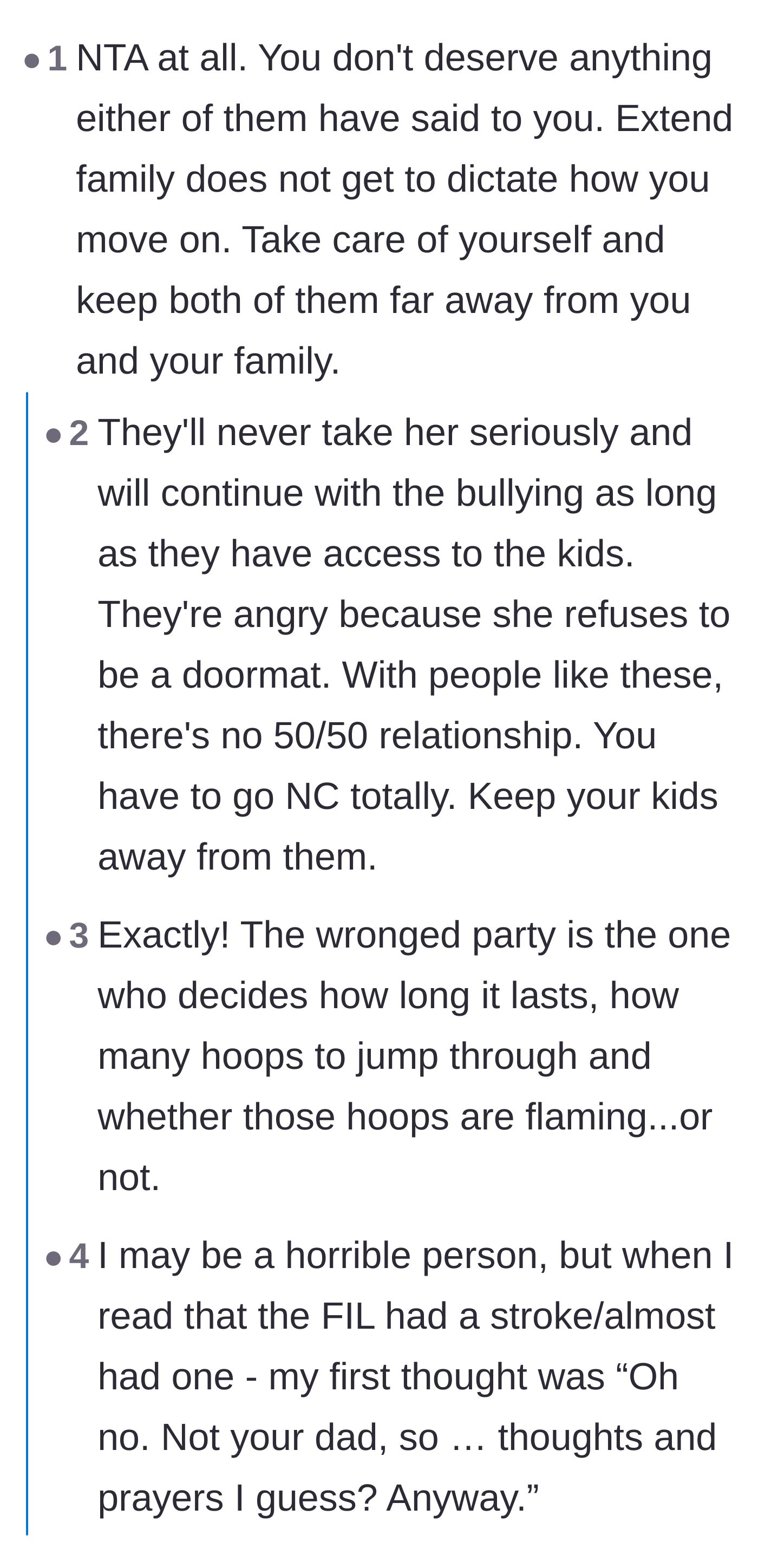 Comment thread 3 - Validation that the extended family doesn't dictate forgiveness, plus a sarcastic quip about the father-in-law's health.