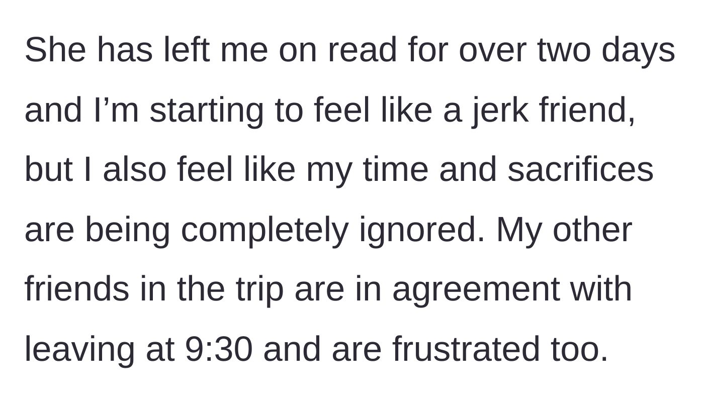 Story part 6 - Feeling guilty after being left on read, while the rest of the friend group agrees with the deadline.