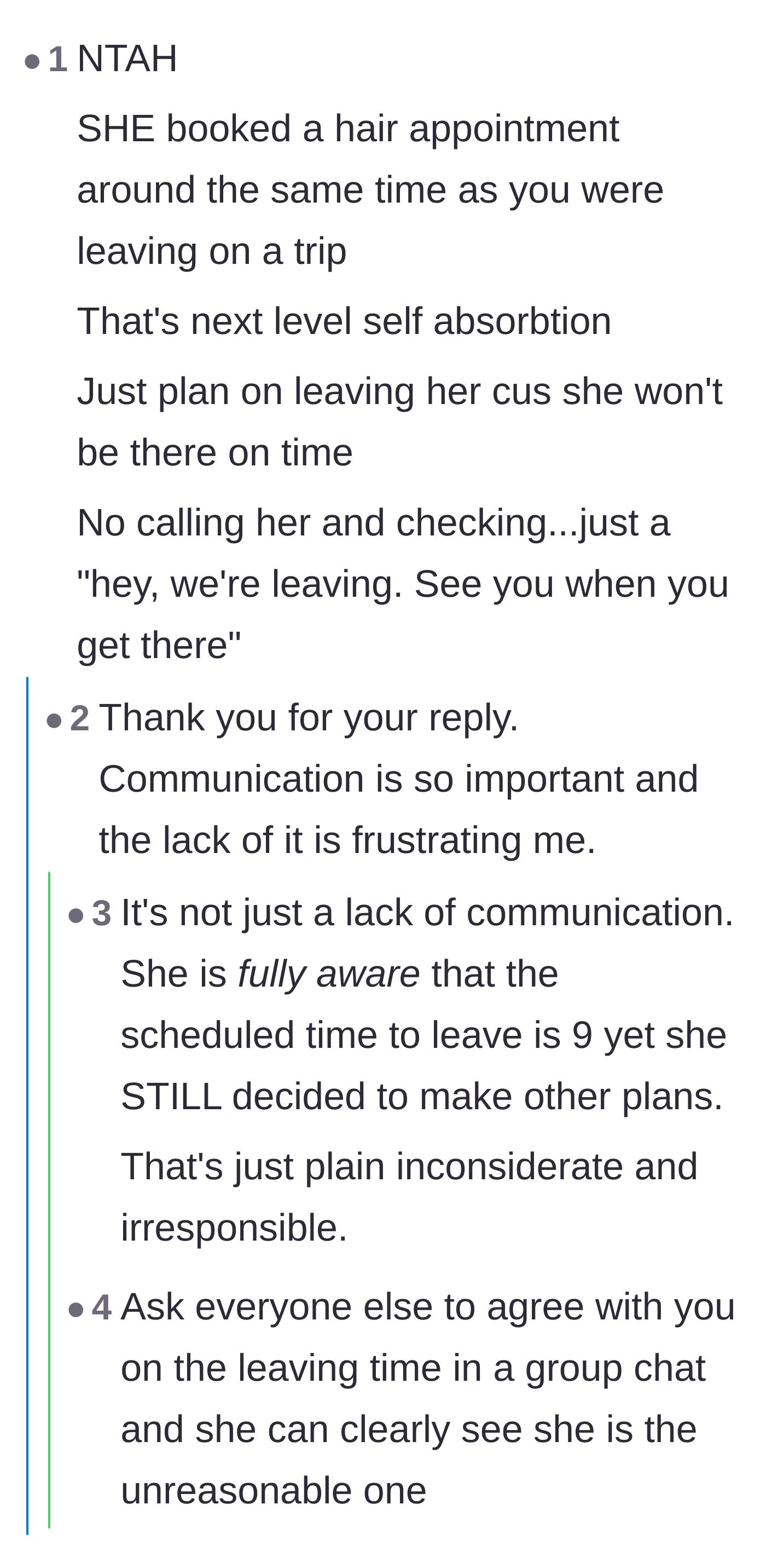 Comment thread 3 - Readers expressing shock at the sheer self-absorption of booking a conflicting hair appointment.