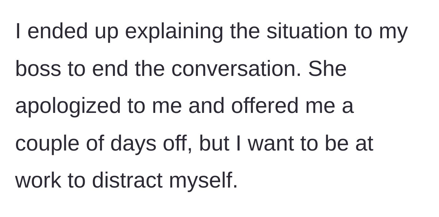 Story part 3 - The main character discloses her medical emergency to her boss, who responds with compassion and offers her time off, which she declines.