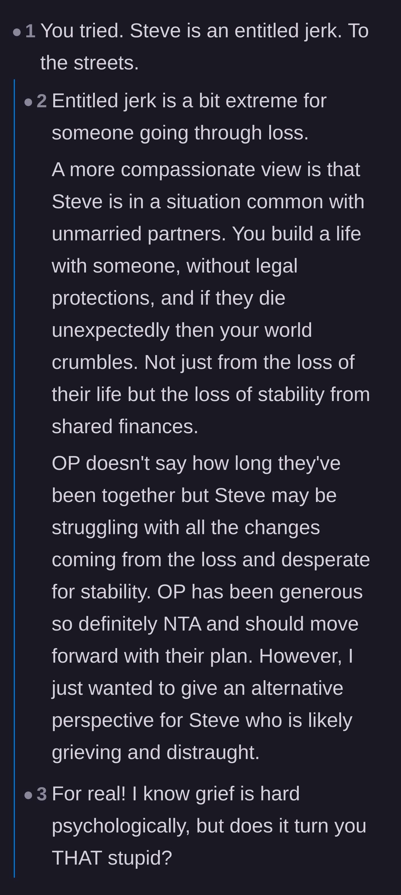 Comment thread 4 - A nuanced debate over whether the fiancé is acting out of greed or profound grief after being misled about marriage