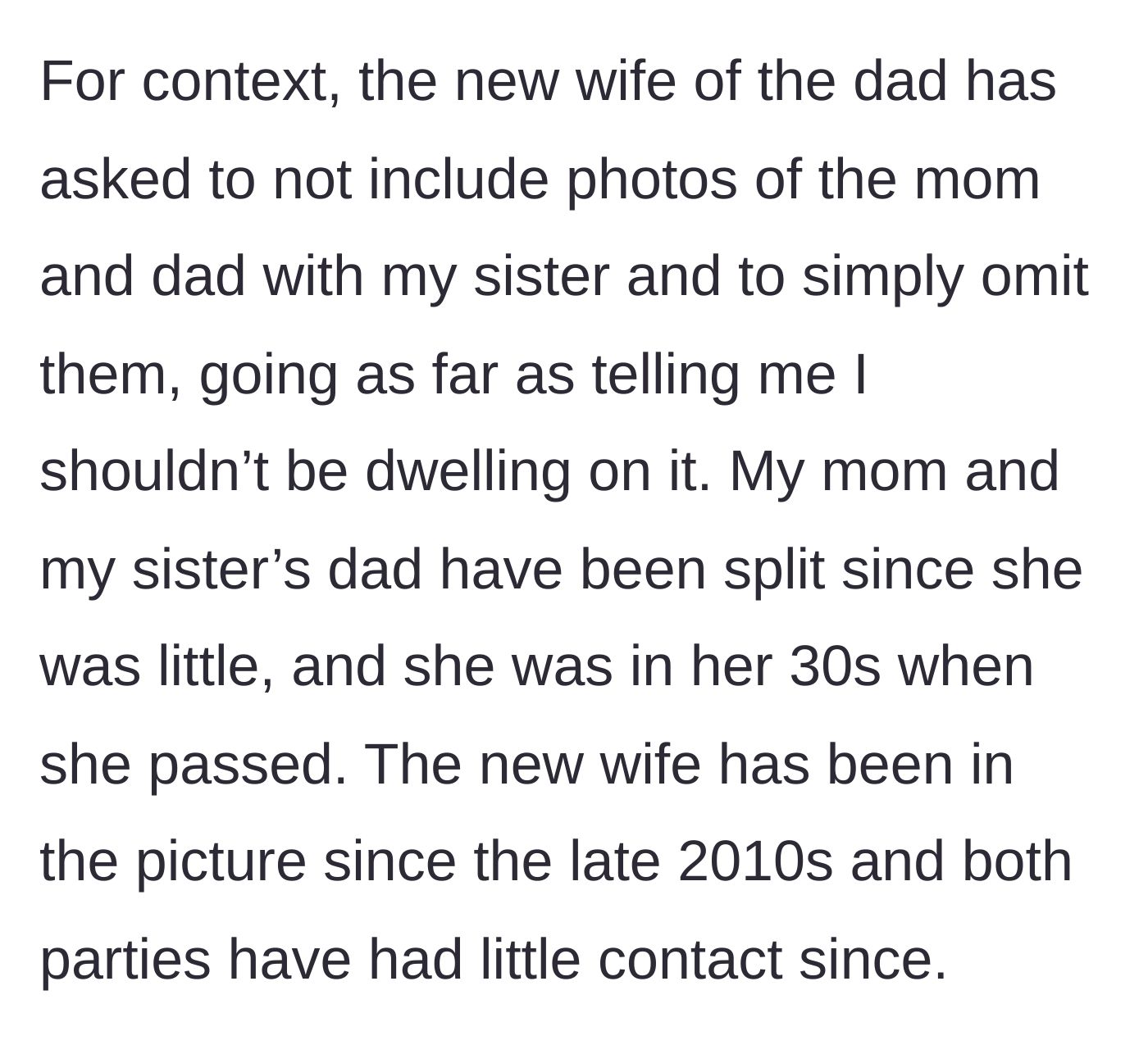 Story part 2 - The father's new wife demands the baby photos featuring both parents be removed, claiming the family shouldn't dwell on the past.