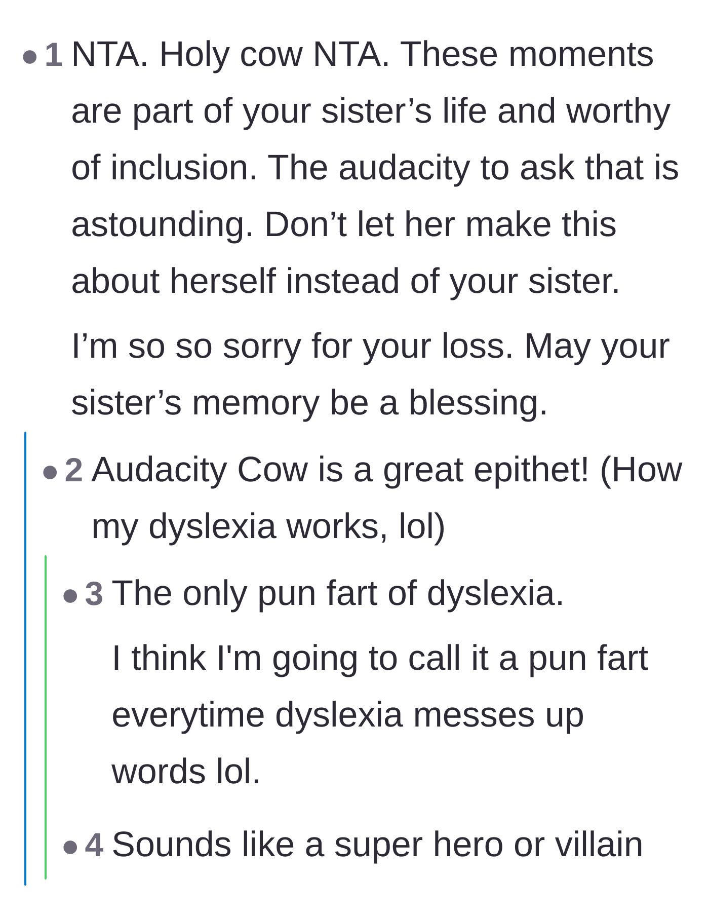Comment thread 1 - Readers defending the sister's memory and joking about a misread phrase