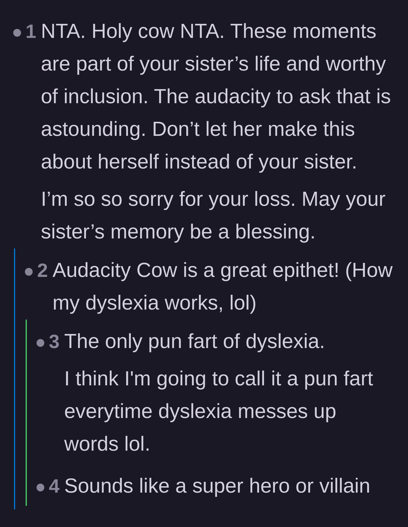 Comment thread 1 - Readers defending the sister's memory and joking about a misread phrase