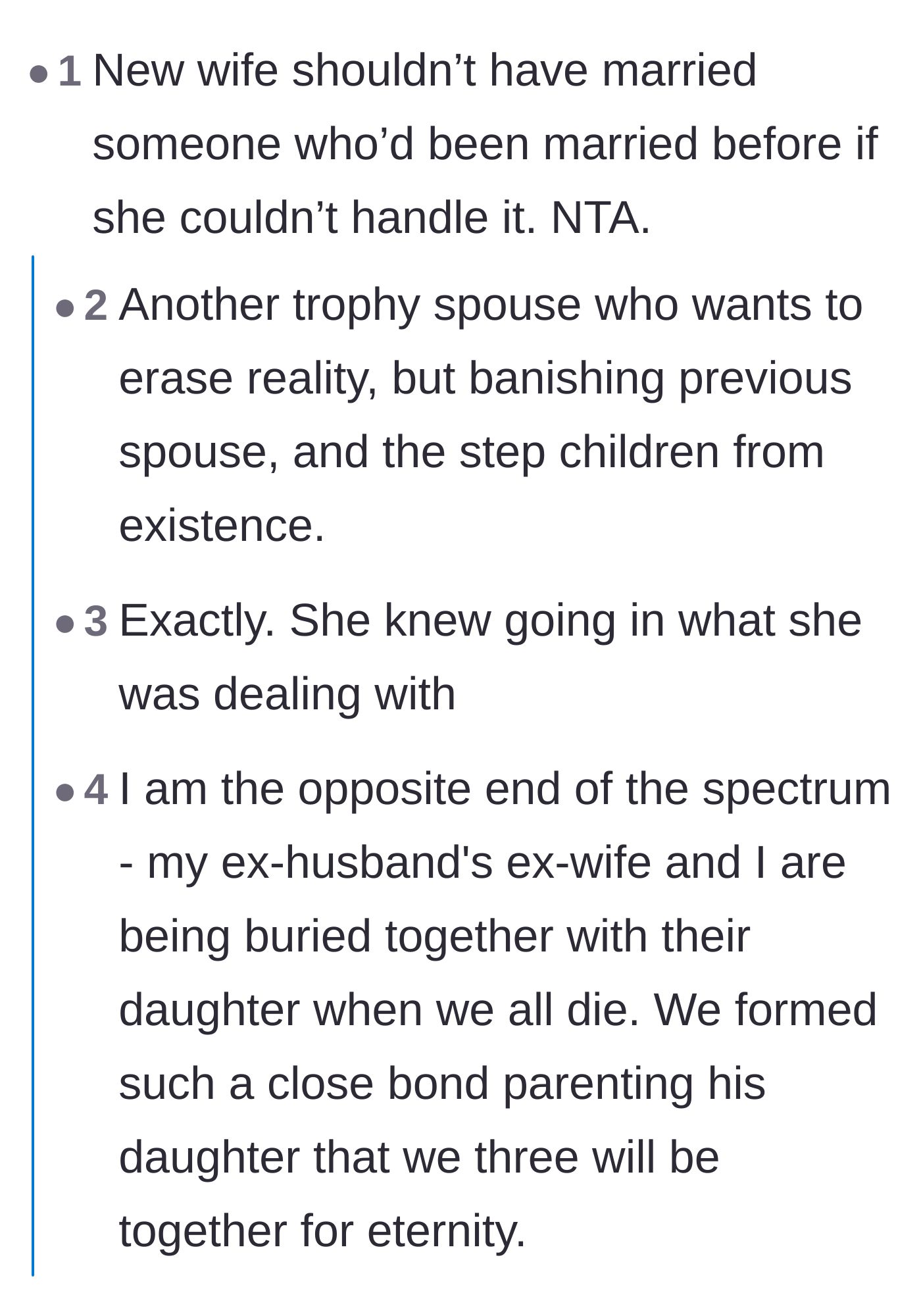 Comment thread 4 - Discussing insecurities in second marriages versus healthy blended family dynamics
