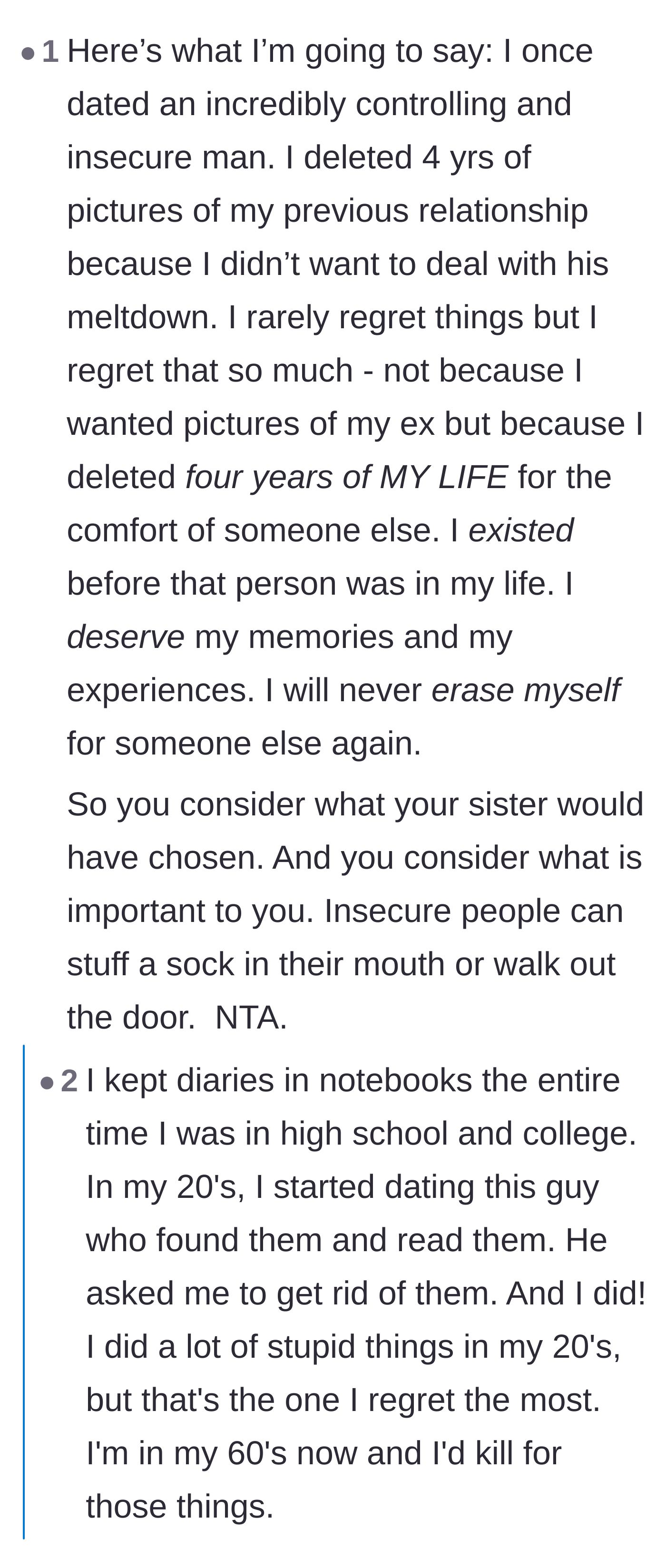 Comment thread 6 - Readers sharing personal regrets about erasing their own memories for insecure partners