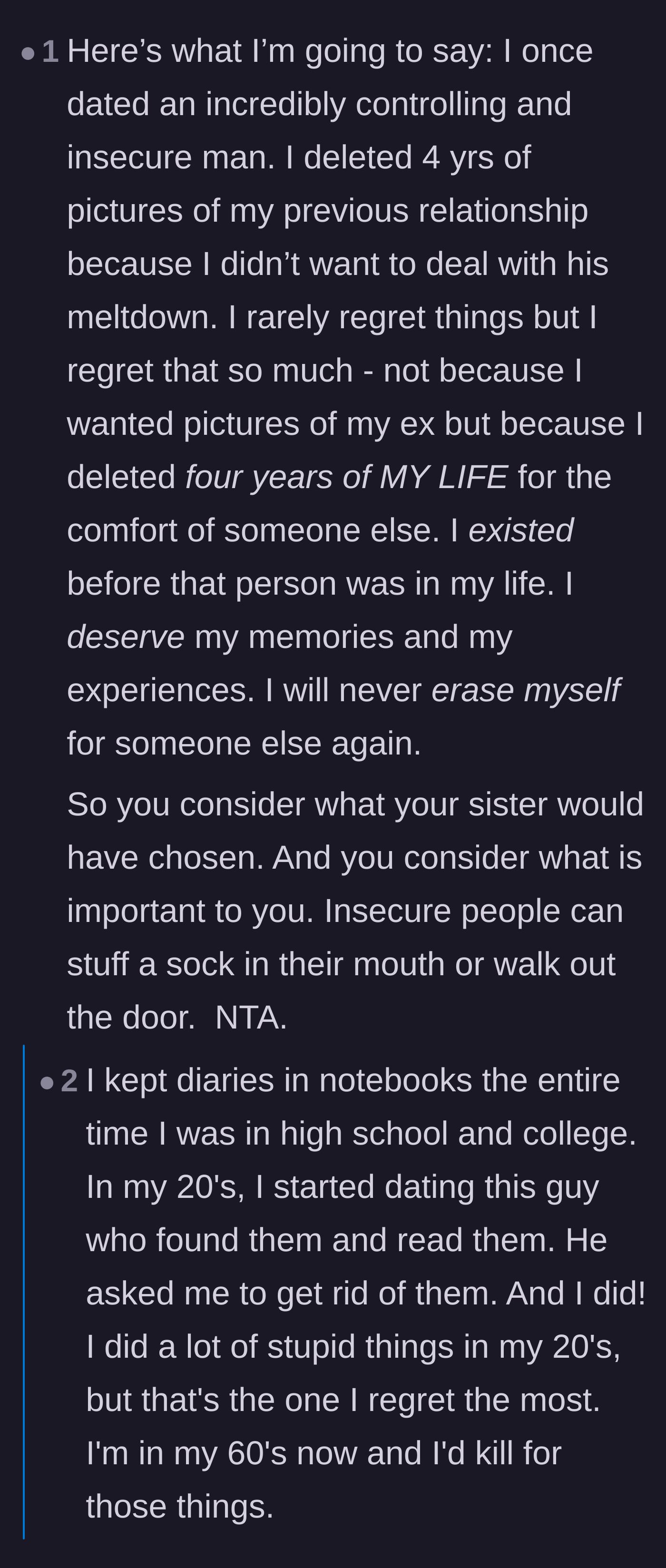 Comment thread 6 - Readers sharing personal regrets about erasing their own memories for insecure partners