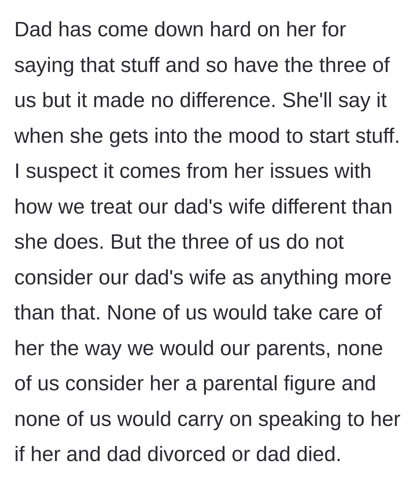 Story part 4 - The older siblings maintain emotional distance from the stepmother despite the father's interventions.