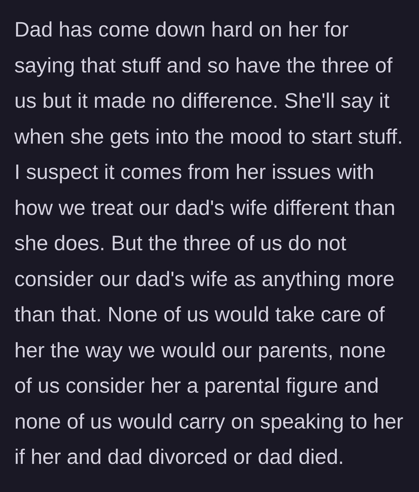 Story part 4 - The older siblings maintain emotional distance from the stepmother despite the father's interventions.