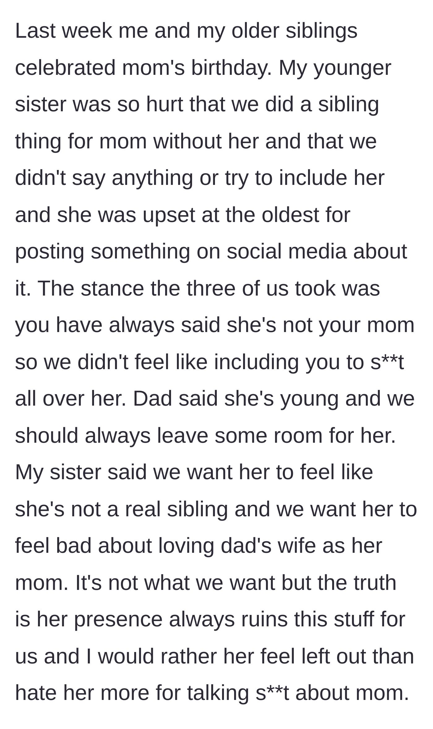 Story part 6 - The younger sister is upset at being excluded from the late mother's birthday celebration. The main character defends the boundary.