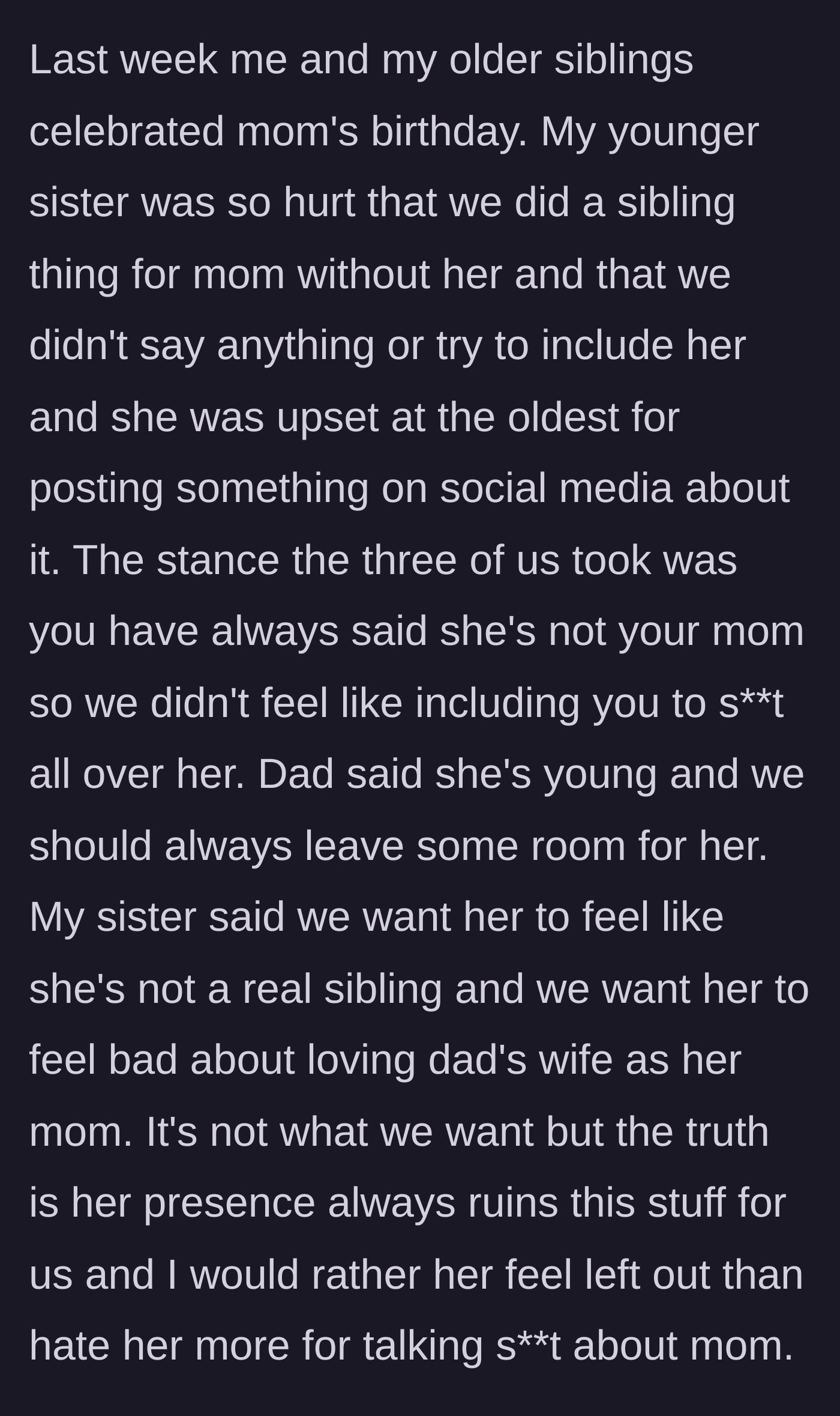 Story part 6 - The younger sister is upset at being excluded from the late mother's birthday celebration. The main character defends the boundary.
