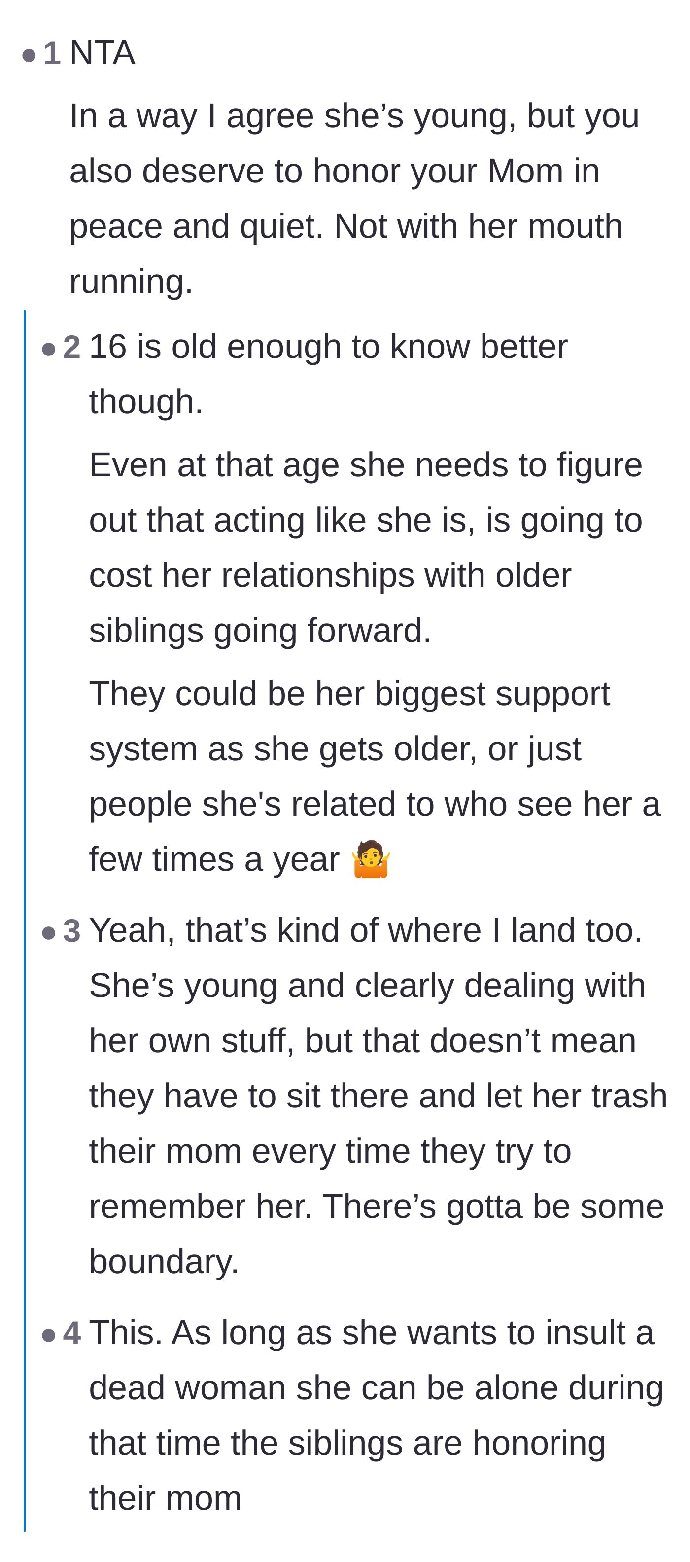 Comment thread 1 - A debate over whether a sixteen-year-old is old enough to face consequences for cruelty, or if she deserves grace due to trauma.