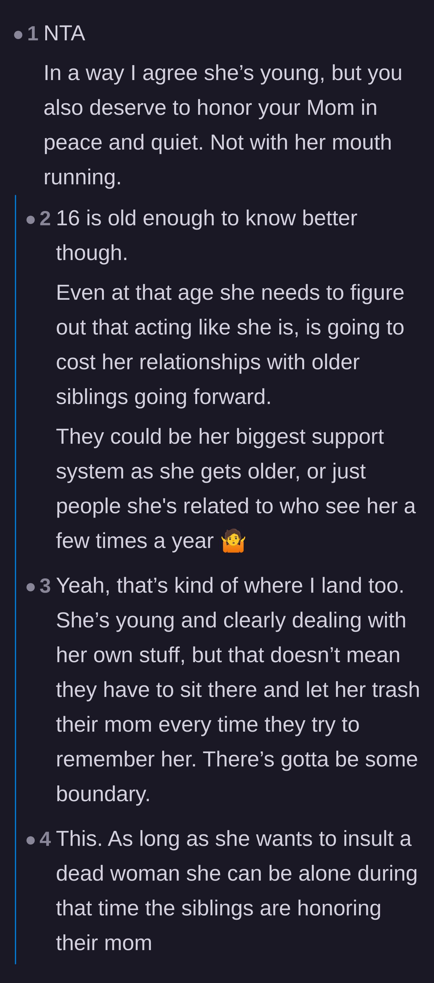 Comment thread 1 - A debate over whether a sixteen-year-old is old enough to face consequences for cruelty, or if she deserves grace due to trauma.