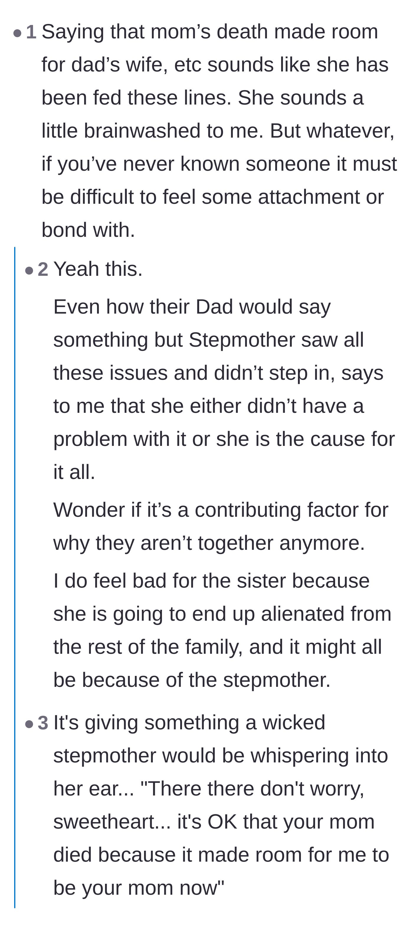 Comment thread 2 - Speculation that the stepmother fed the younger sister cruel lines about the biological mother's death.