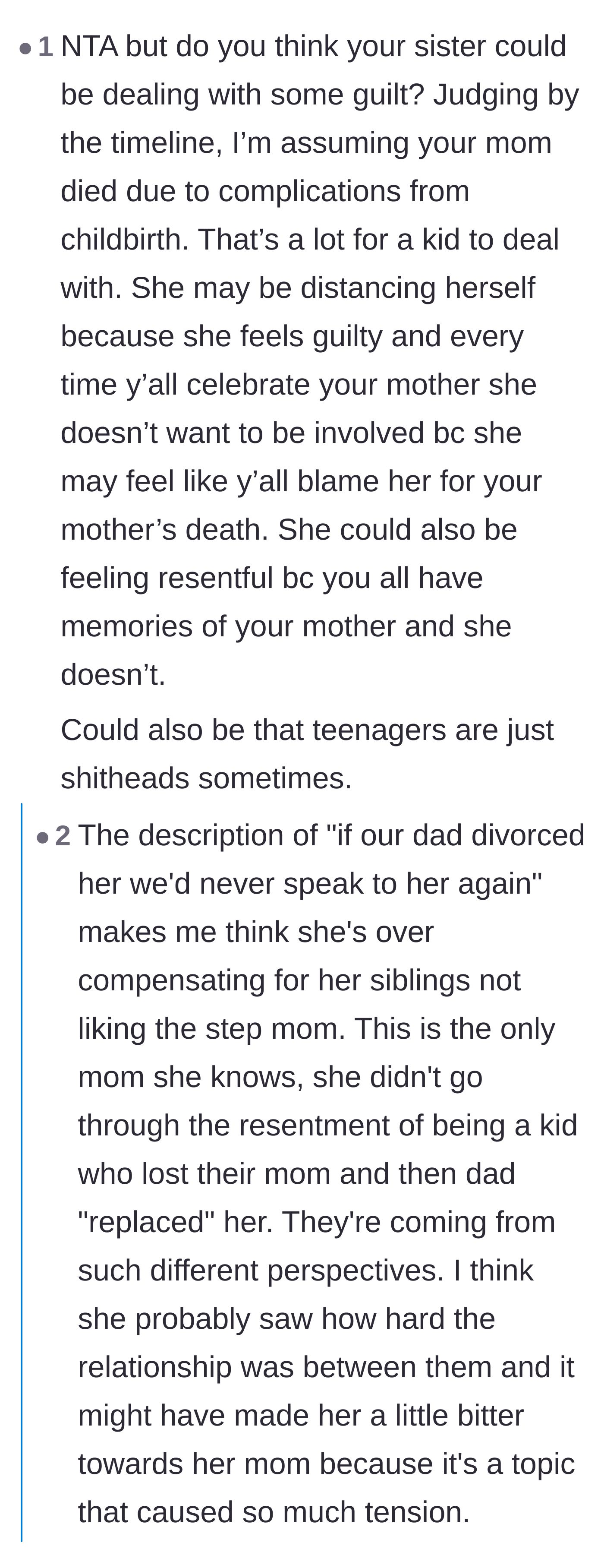Comment thread 3 - Discussion about the younger sister potentially suffering from survivor's guilt because the mother likely died from childbirth complications.