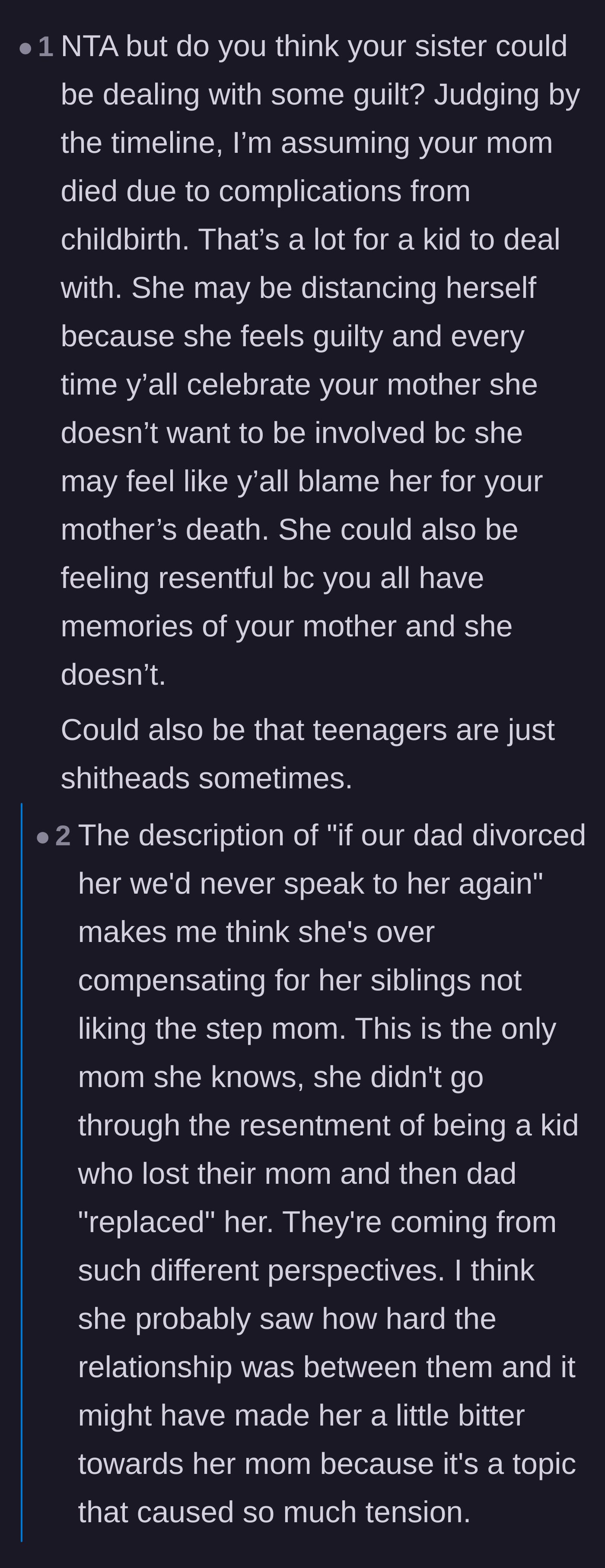 Comment thread 3 - Discussion about the younger sister potentially suffering from survivor's guilt because the mother likely died from childbirth complications.