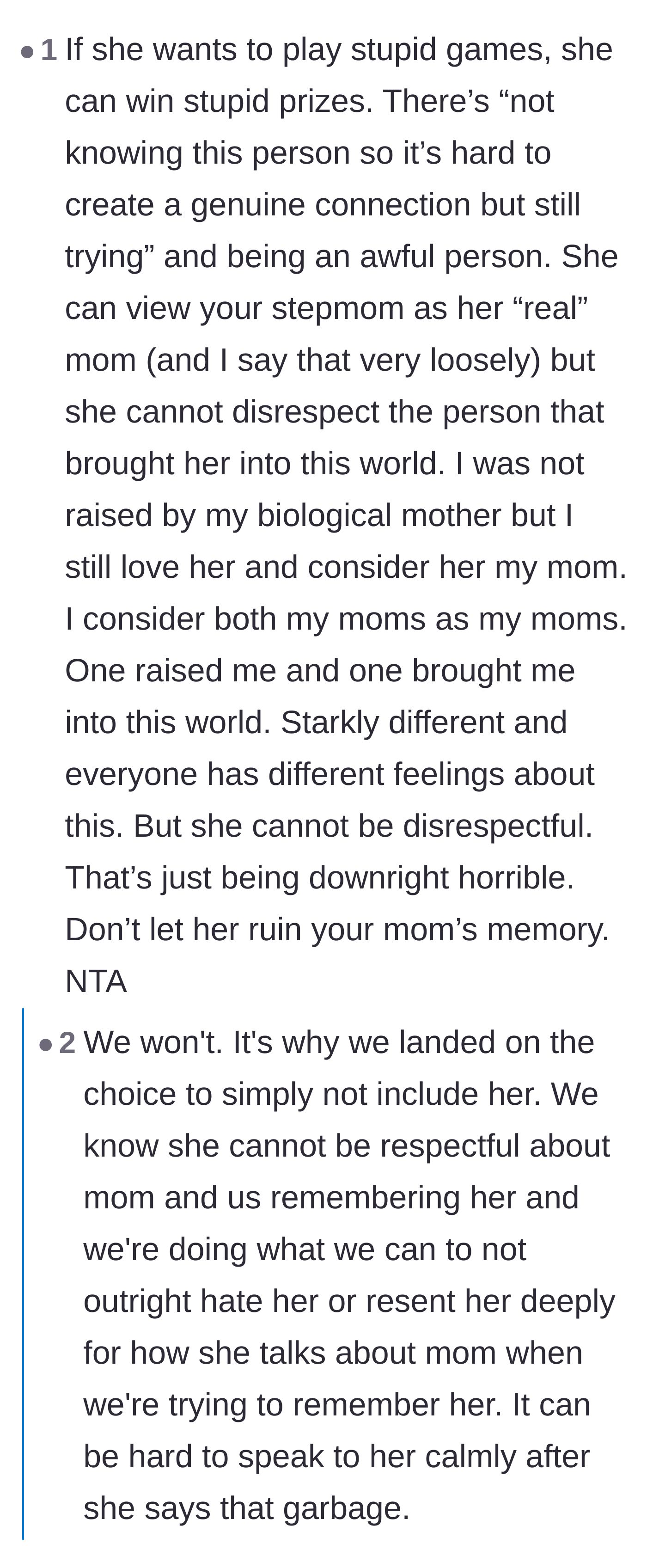 Comment thread 4 - A commenter arguing that while the sister doesn't have to love her biological mother, she absolutely cannot disrespect her memory.