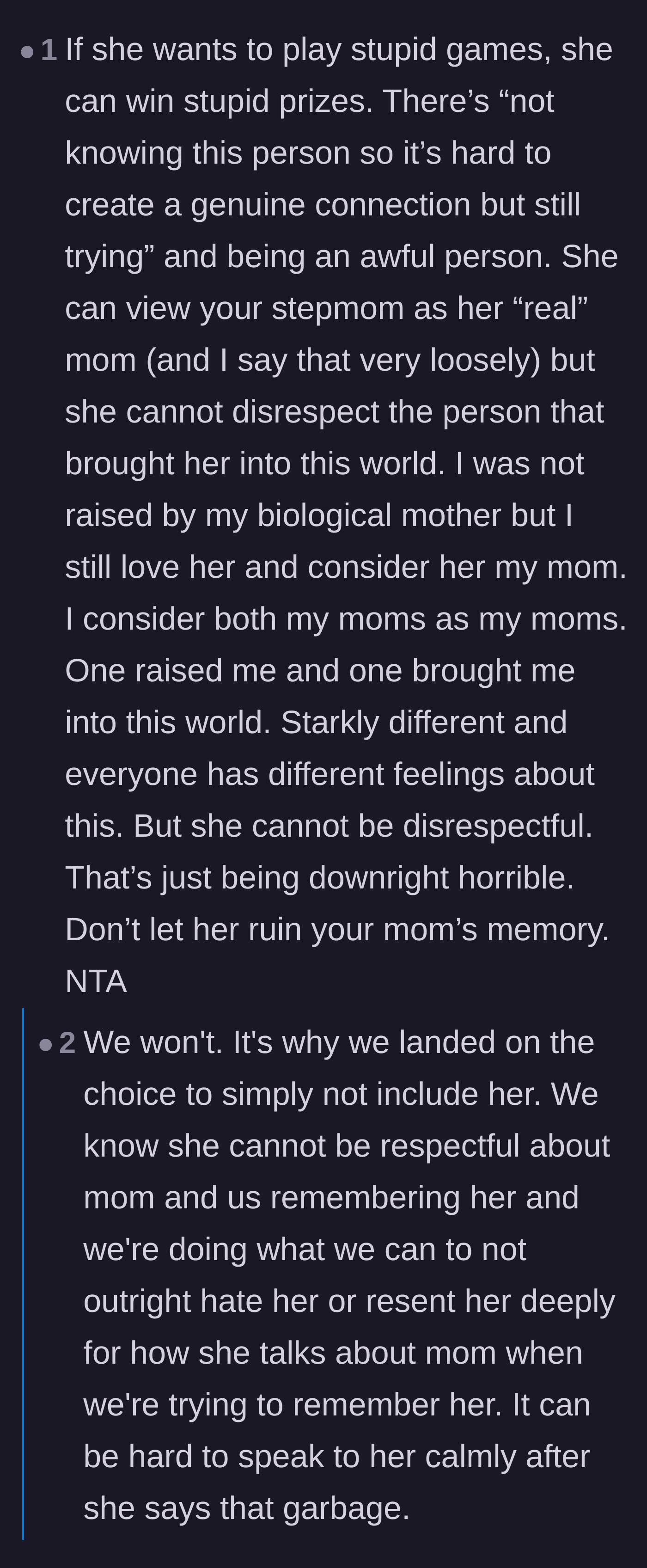 Comment thread 4 - A commenter arguing that while the sister doesn't have to love her biological mother, she absolutely cannot disrespect her memory.