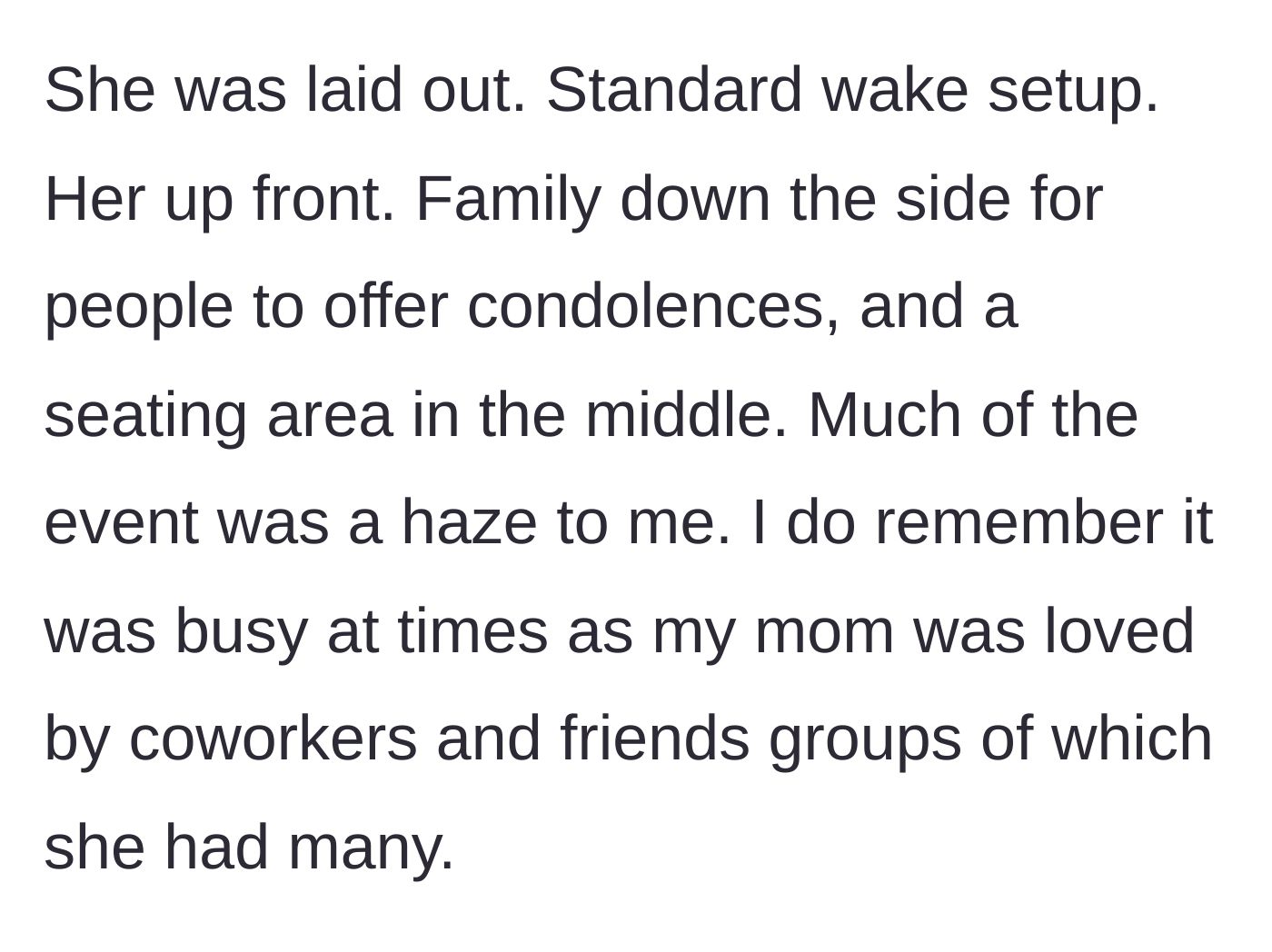 Story part 2 - A crowded funeral parlor with family receiving condolences.