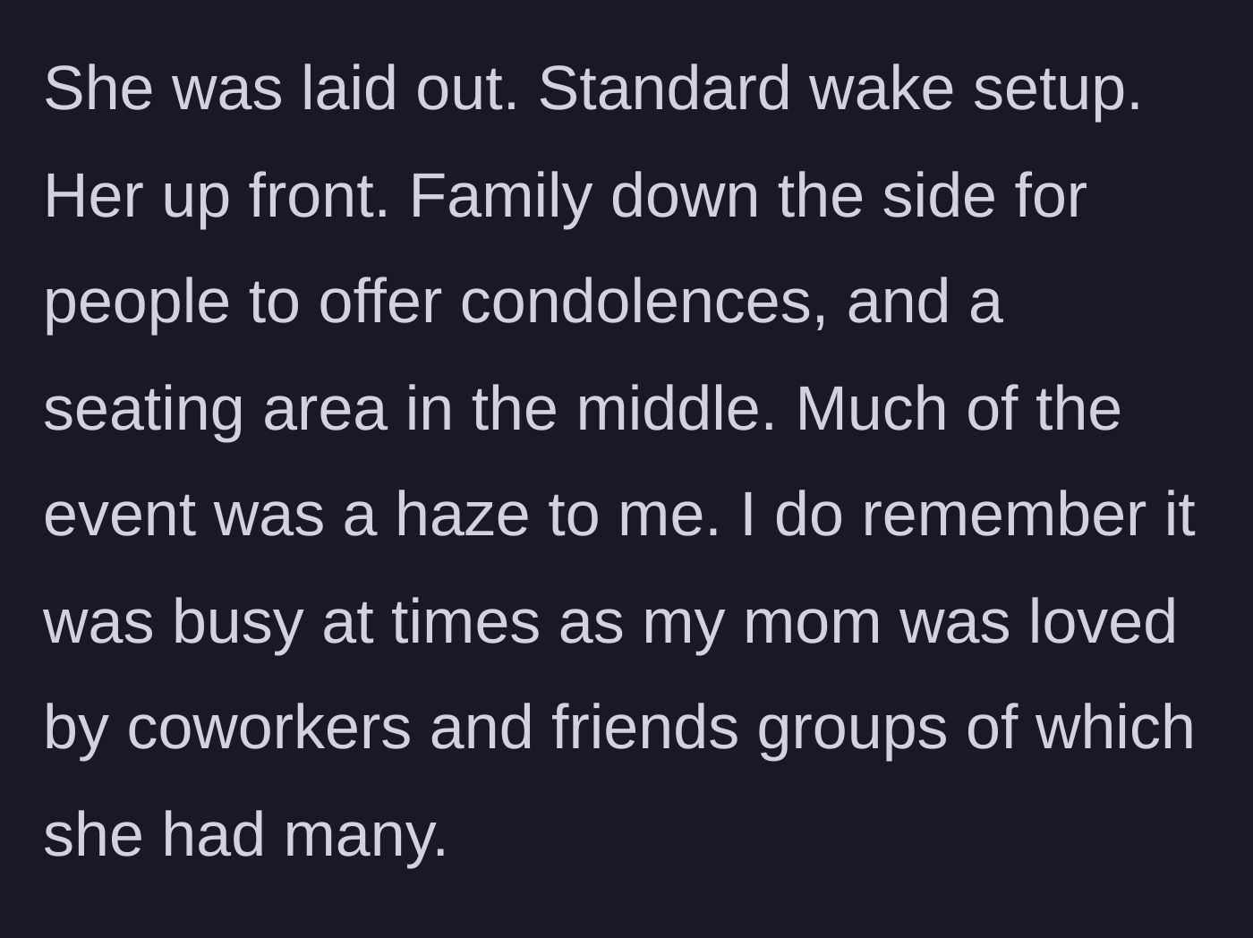 Story part 2 - A crowded funeral parlor with family receiving condolences.