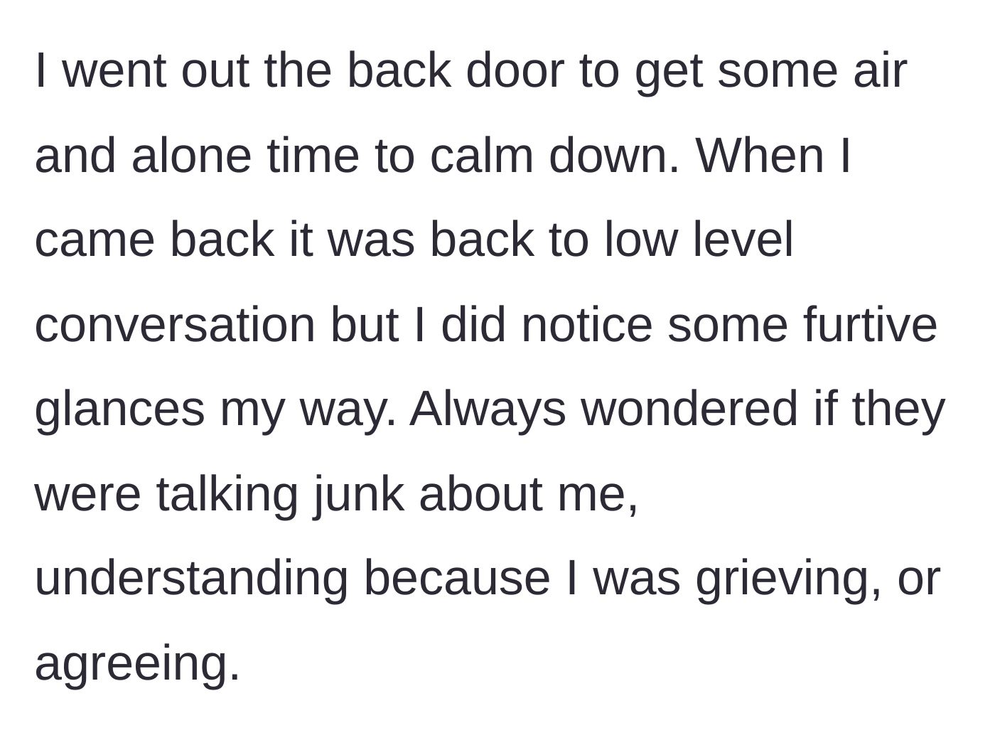 Story part 7 - The teenage boy stepping outside for fresh air, then returning to quiet stares.