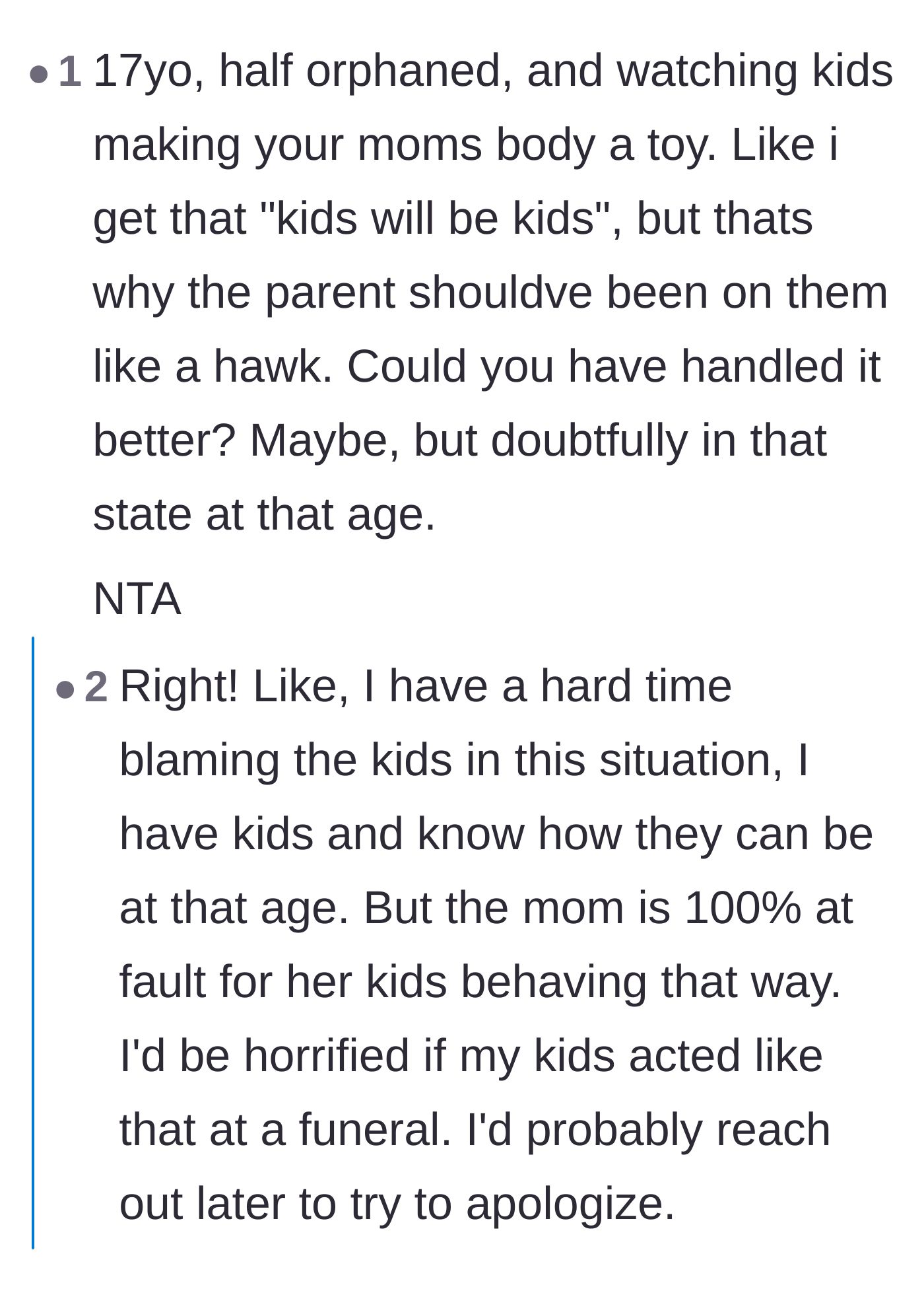 Comment thread 1 - Debate about whether the mother or the children are to blame for the disrespect.