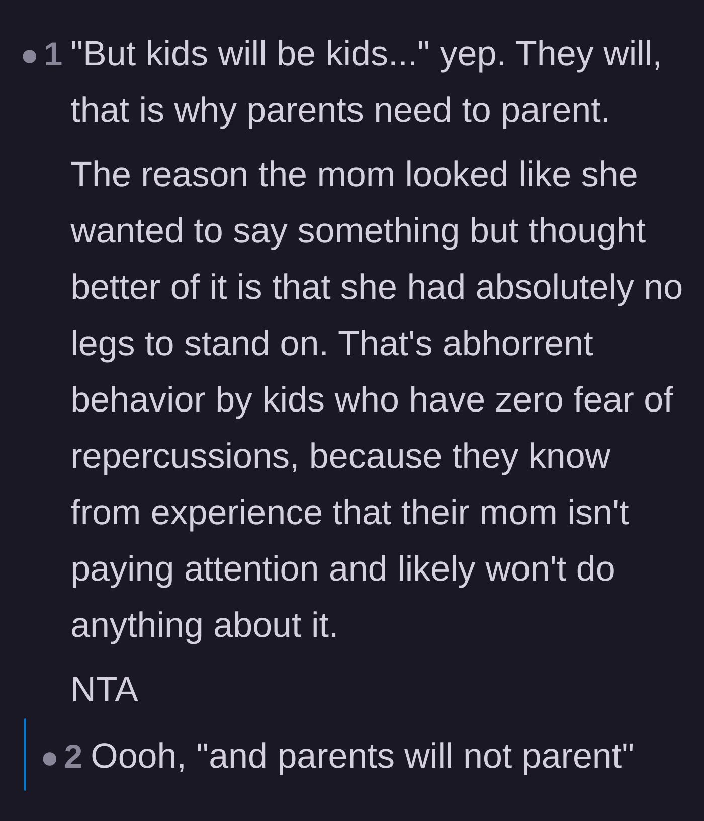 Comment thread 3 - Analysis of the oblivious mother's reaction and why she couldn't defend herself.