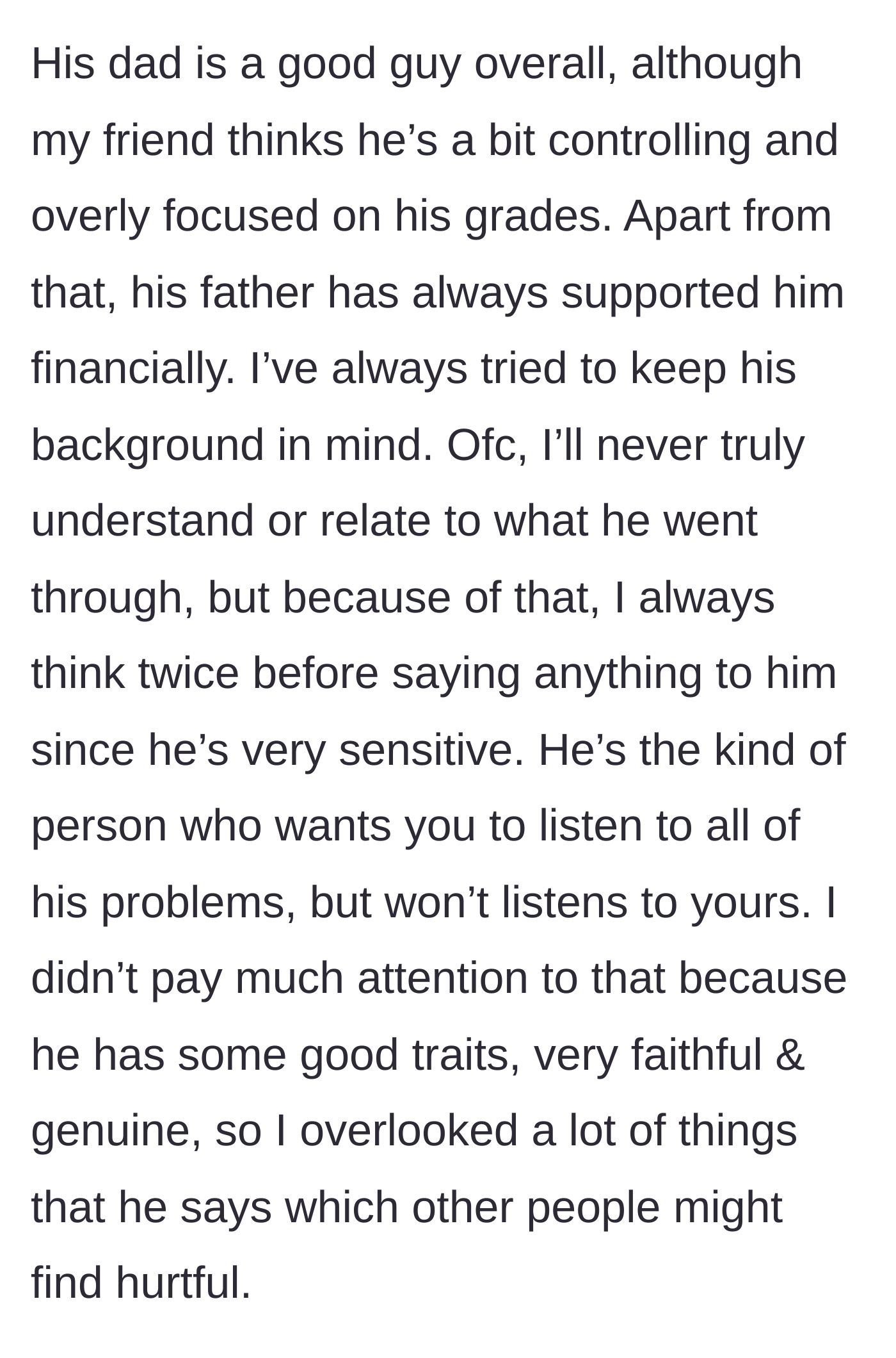 Story part 2 - A one-sided conversation where one friend vents and the other just listens silently.