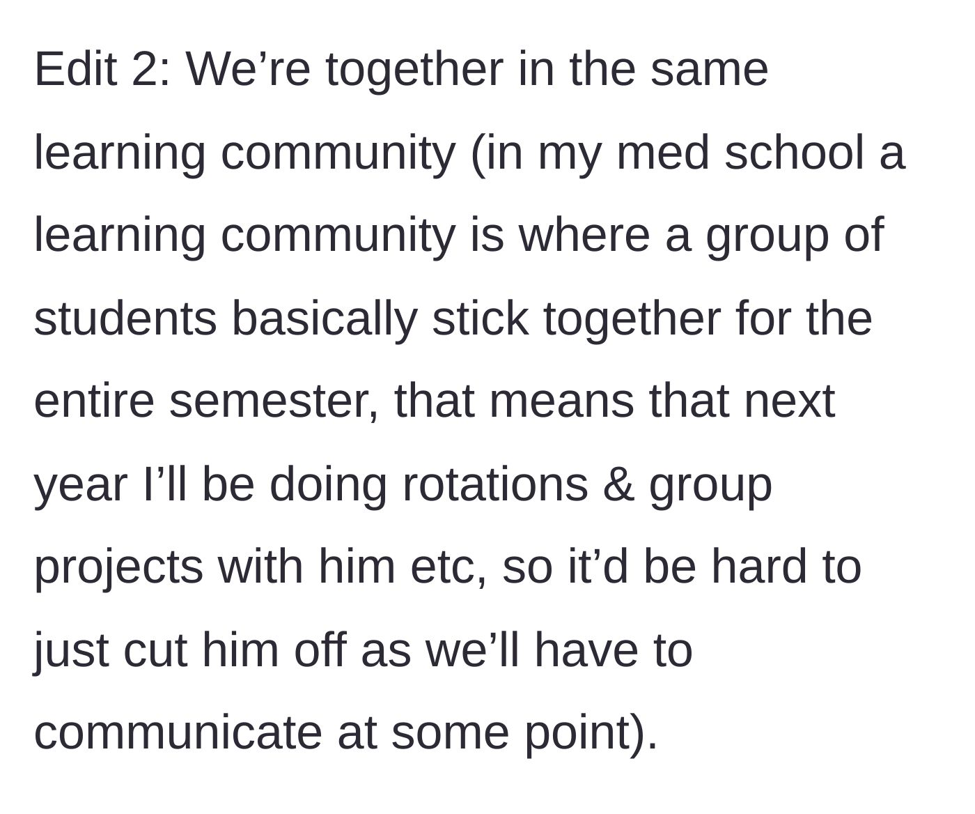 Story part 7 - Two medical students awkwardly realizing they are stuck in the same study group for a year.