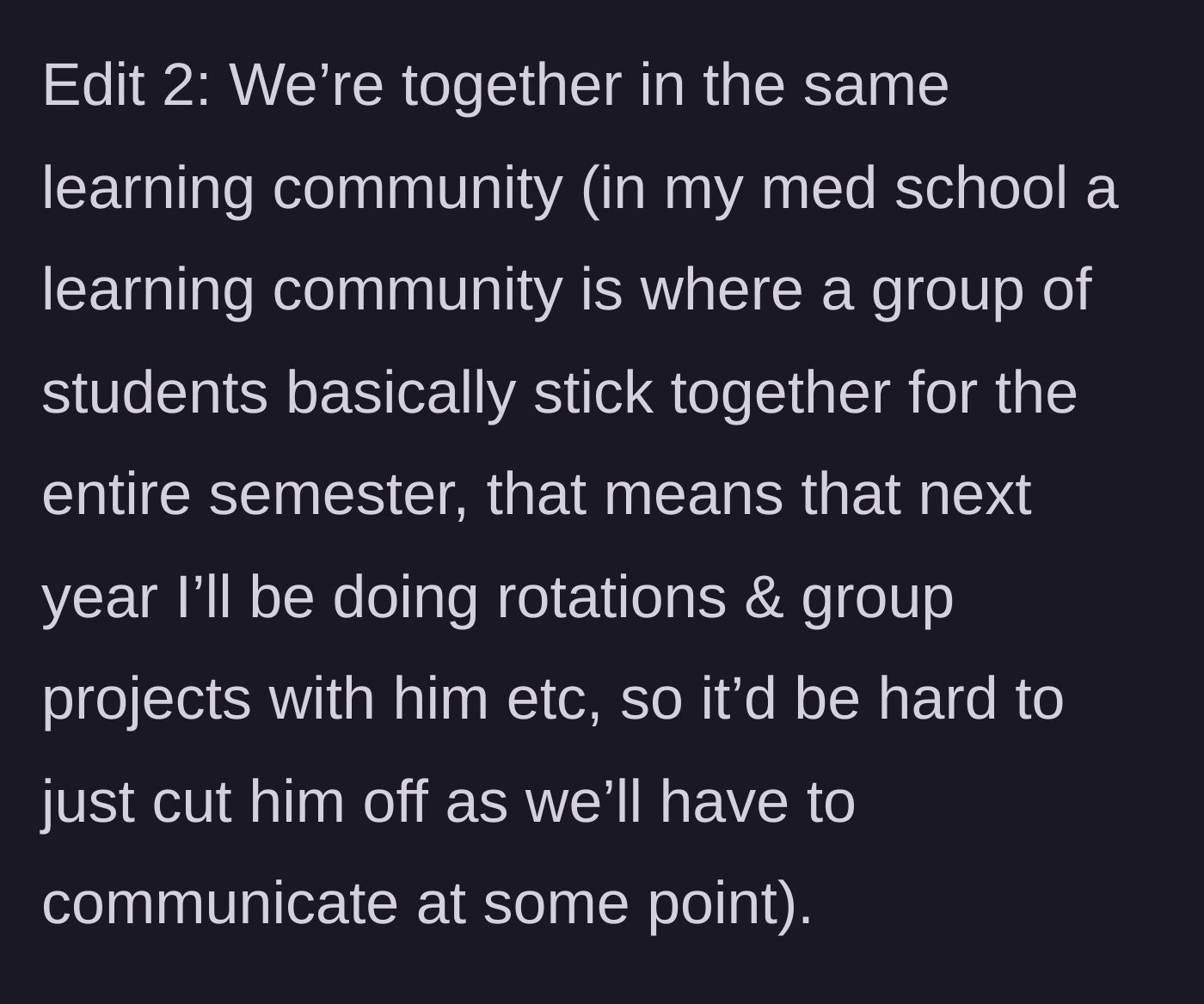 Story part 7 - Two medical students awkwardly realizing they are stuck in the same study group for a year.