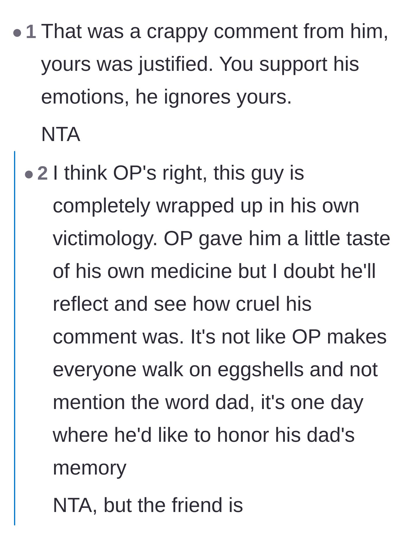 Comment thread 1 - Readers dissecting the friend's deeply ingrained victim complex and lack of reciprocity.