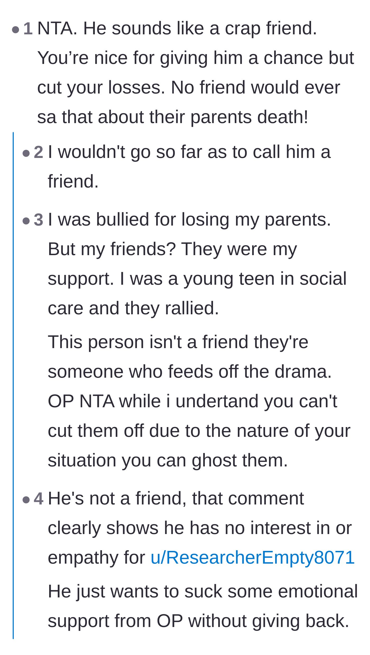 Comment thread 2 - A discussion on how real friends handle grief versus emotional vampires.