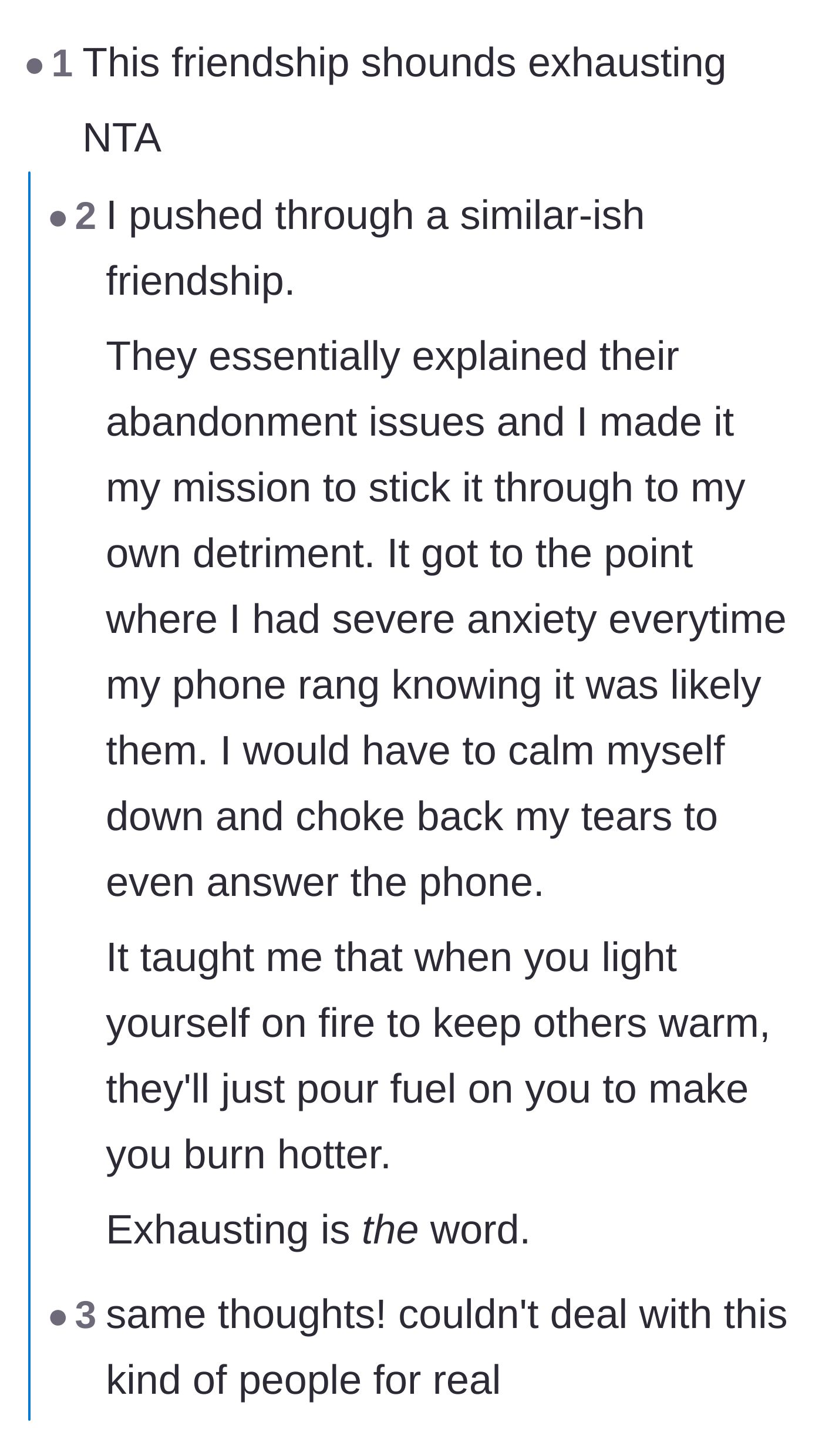 Comment thread 4 - Personal stories of burning out while trying to save a broken friendship.