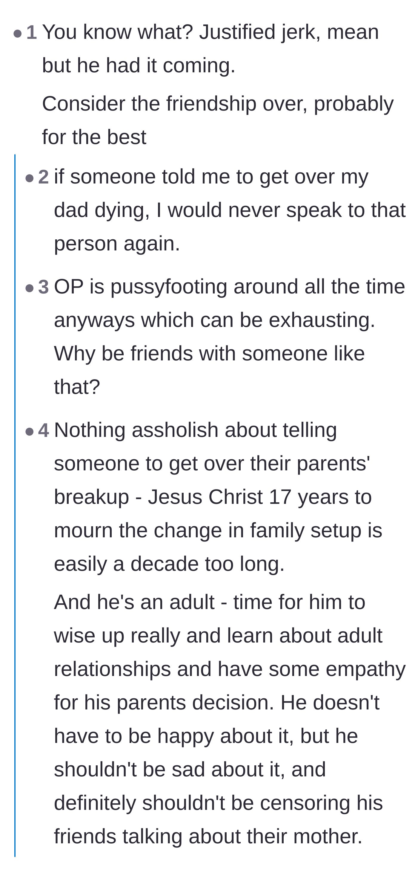Comment thread 5 - Grieving readers sharing their outrage over comparing a childhood divorce to a parent's death.