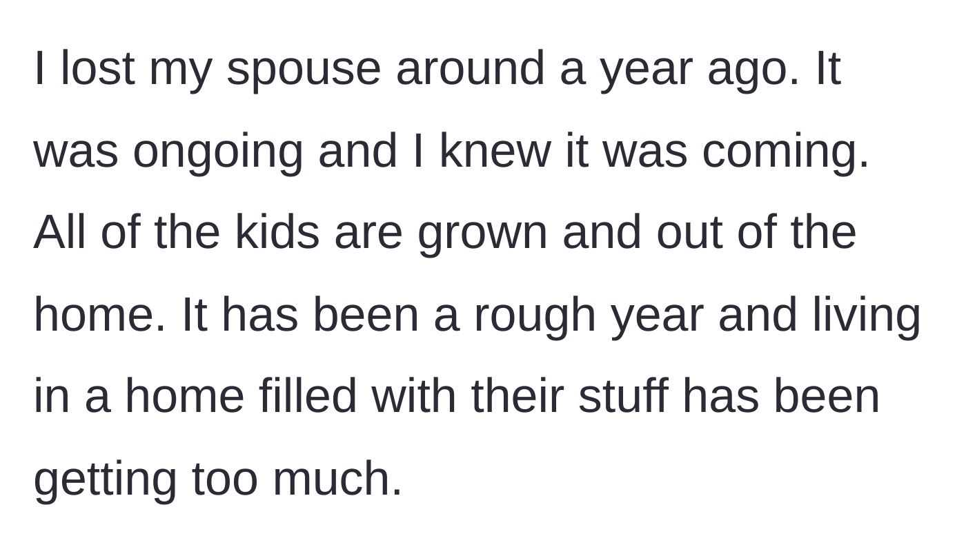 Story part 1 - A recently widowed parent stands alone in a quiet, empty-nest home filled with their late spouse's untouched belongings.