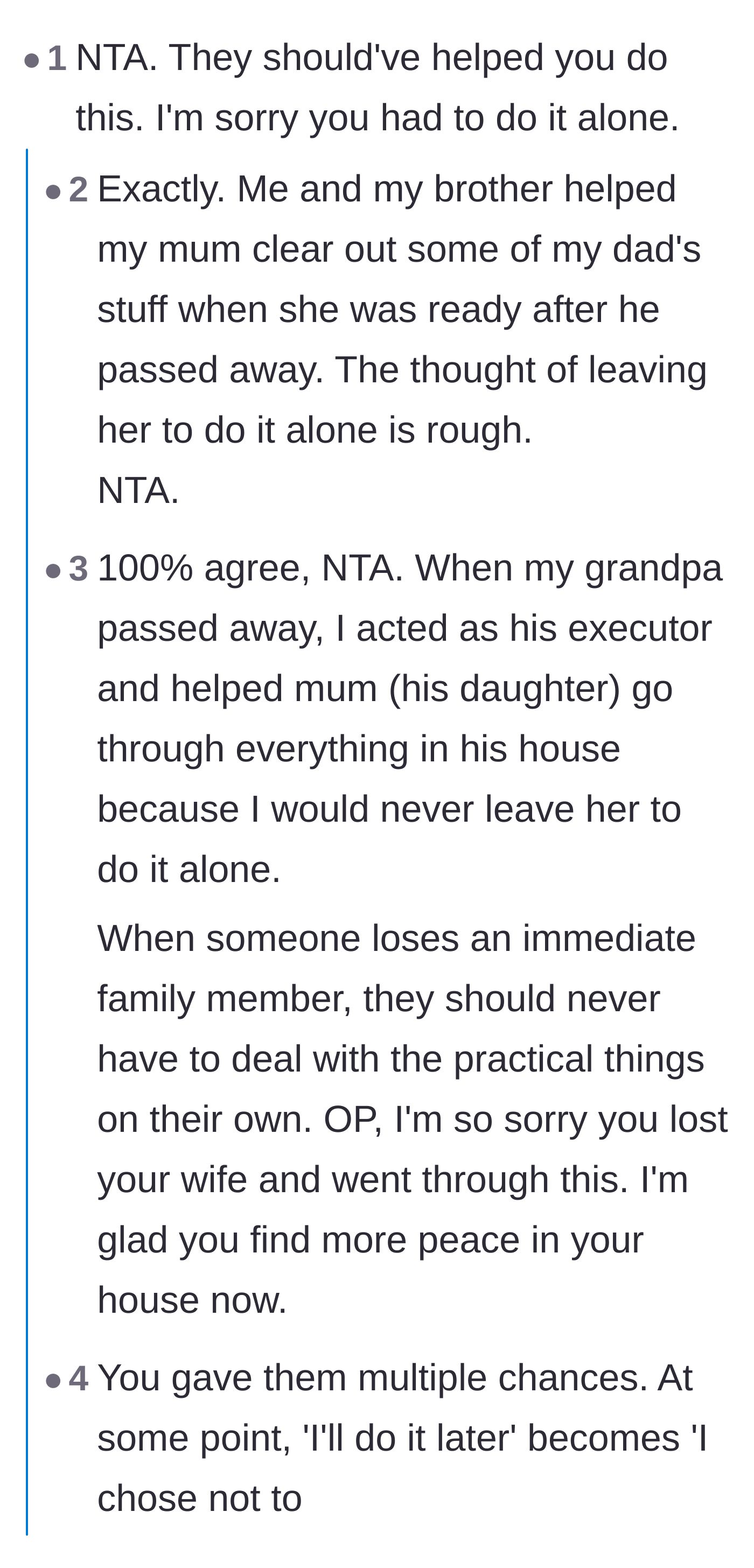 Comment thread 1 - Readers sharing personal stories of helping their surviving parent pack and repurposing old clothes into memorial quilts.