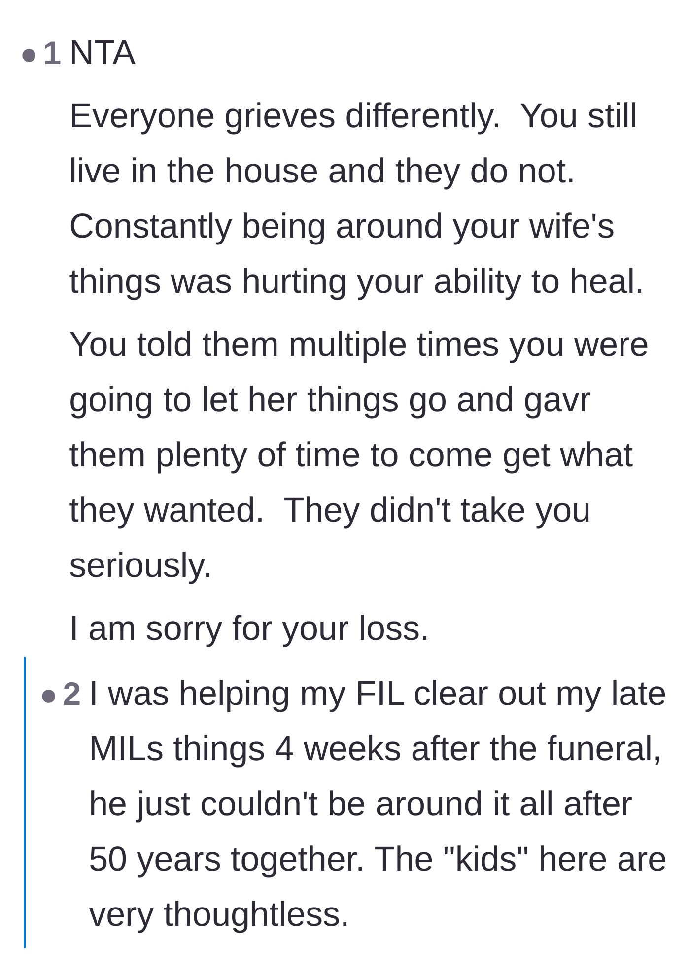 Comment thread 5 - A discussion about how being surrounded by a deceased spouse's belongings halts the healing process, featuring a story of helping a father-in-law pack.